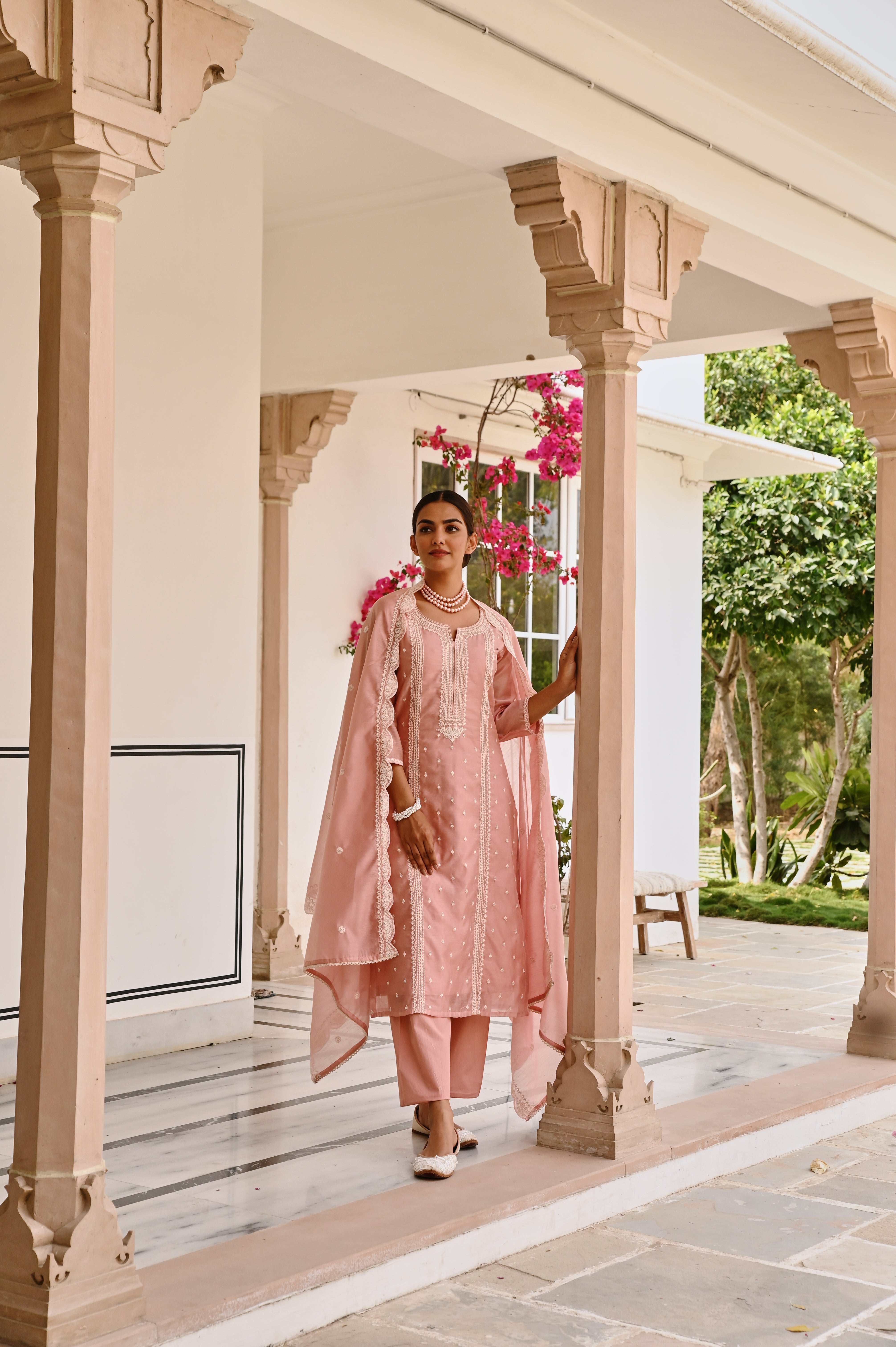 ROSE PINK CHIKANKARI EMBROIDERED CHANDERI KURTA SET