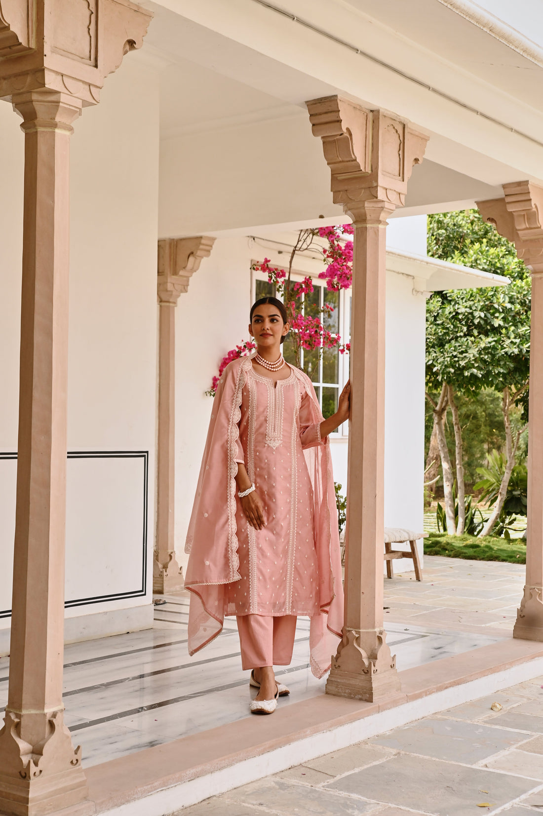 ROSE PINK CHIKANKARI EMBROIDERED CHANDERI KURTA SET