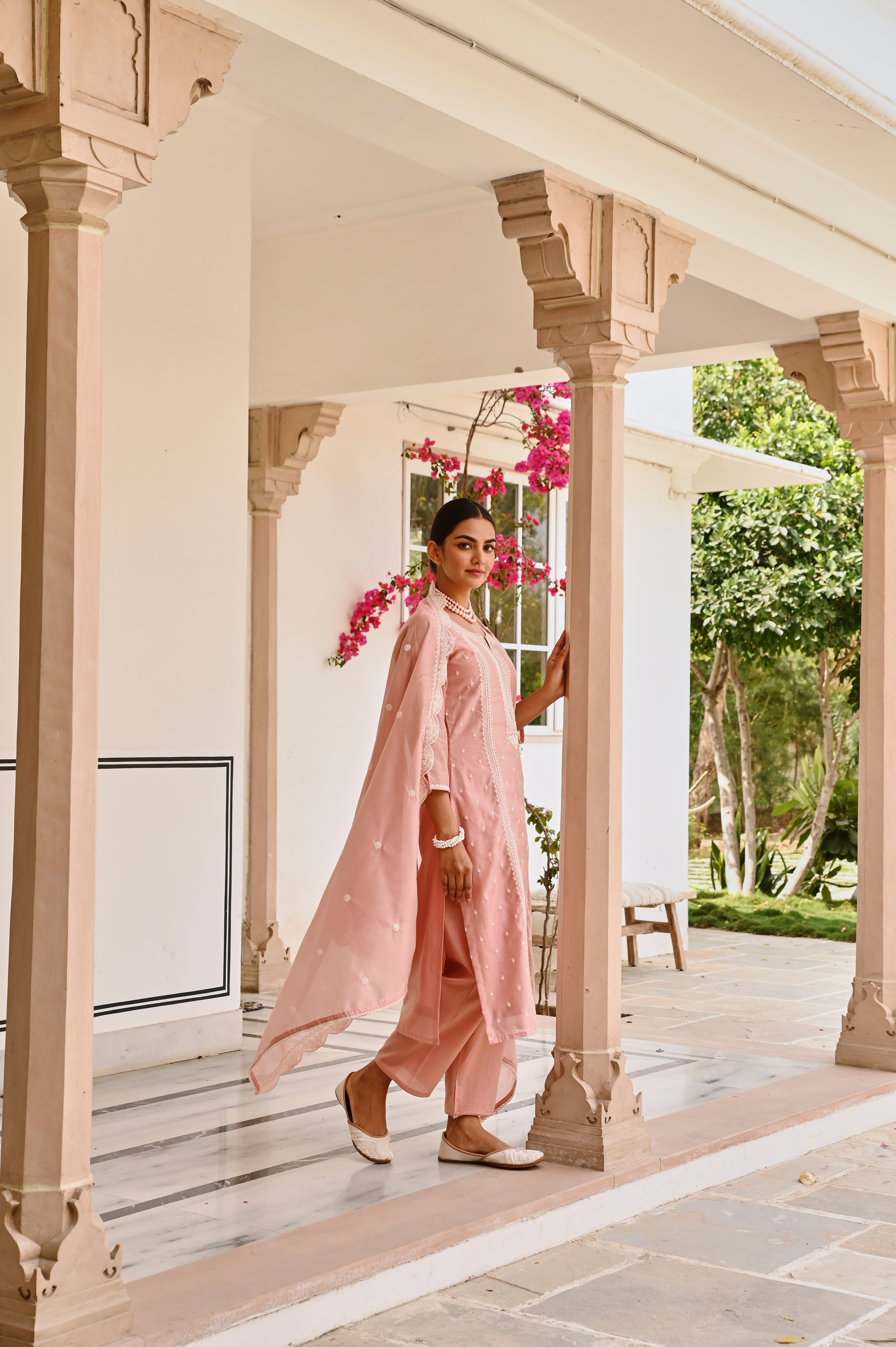 ROSE PINK CHIKANKARI EMBROIDERED CHANDERI KURTA SET