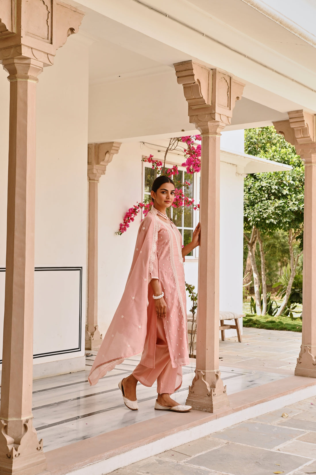ROSE PINK CHIKANKARI EMBROIDERED CHANDERI KURTA SET