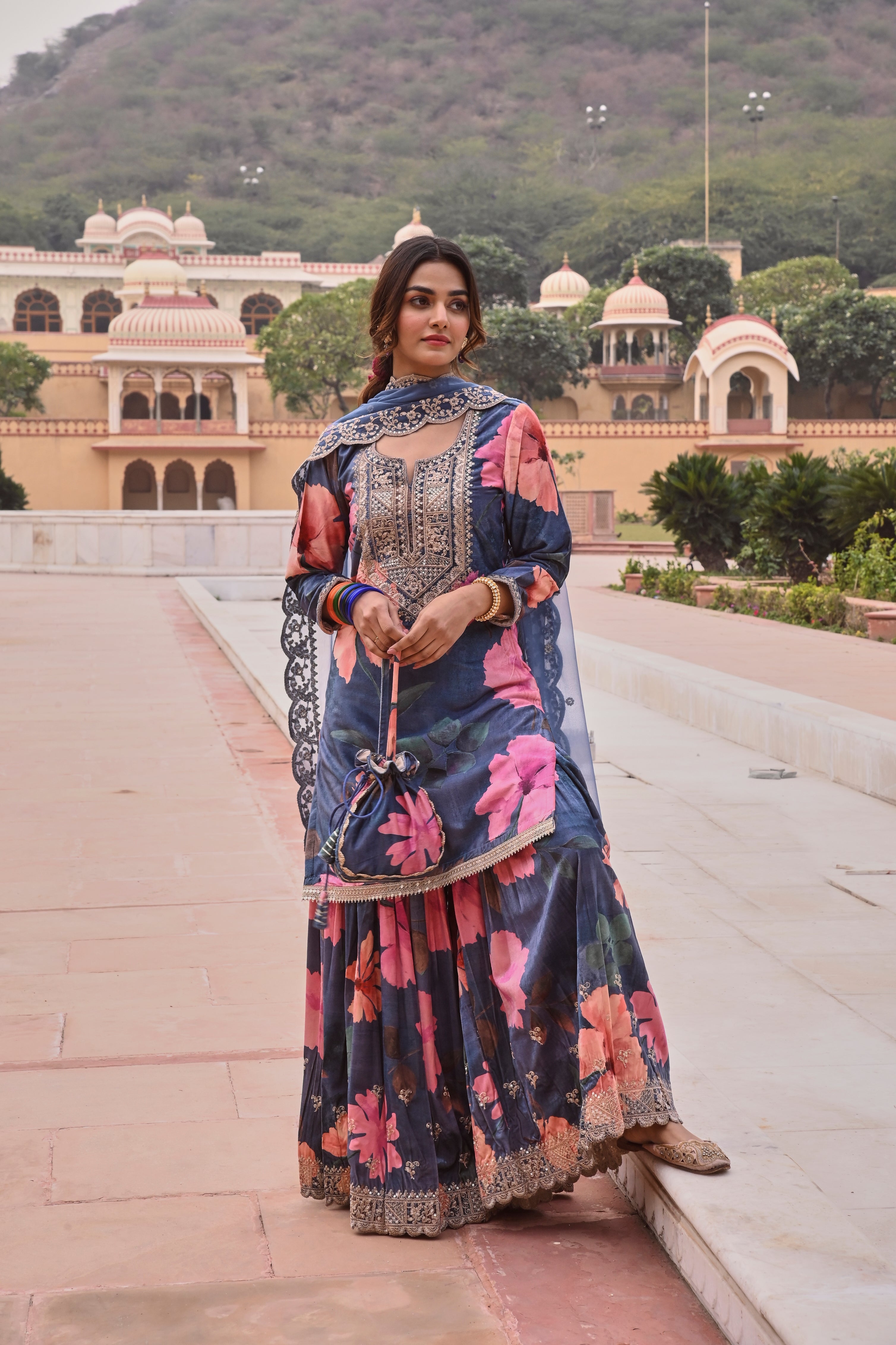 BLUE PRINTED VELVET SHARARA SET