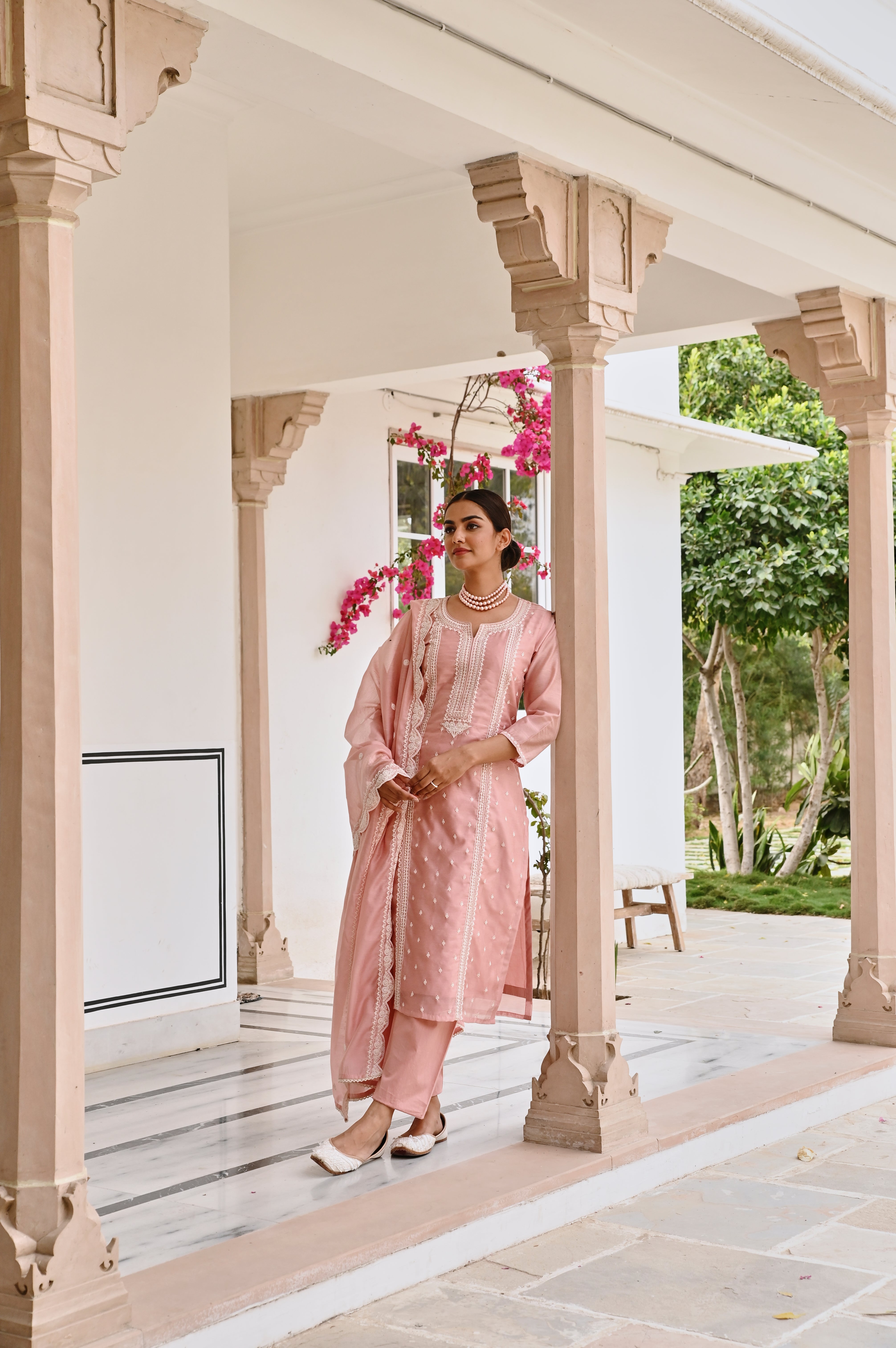 ROSE PINK CHIKANKARI EMBROIDERED CHANDERI KURTA SET