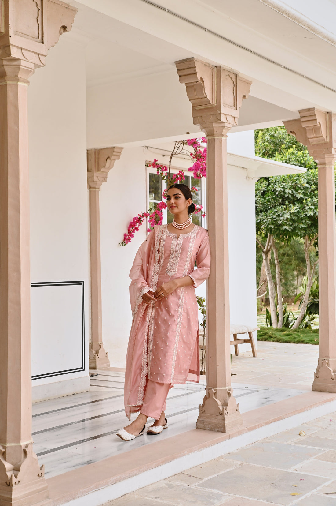 ROSE PINK CHIKANKARI EMBROIDERED CHANDERI KURTA SET