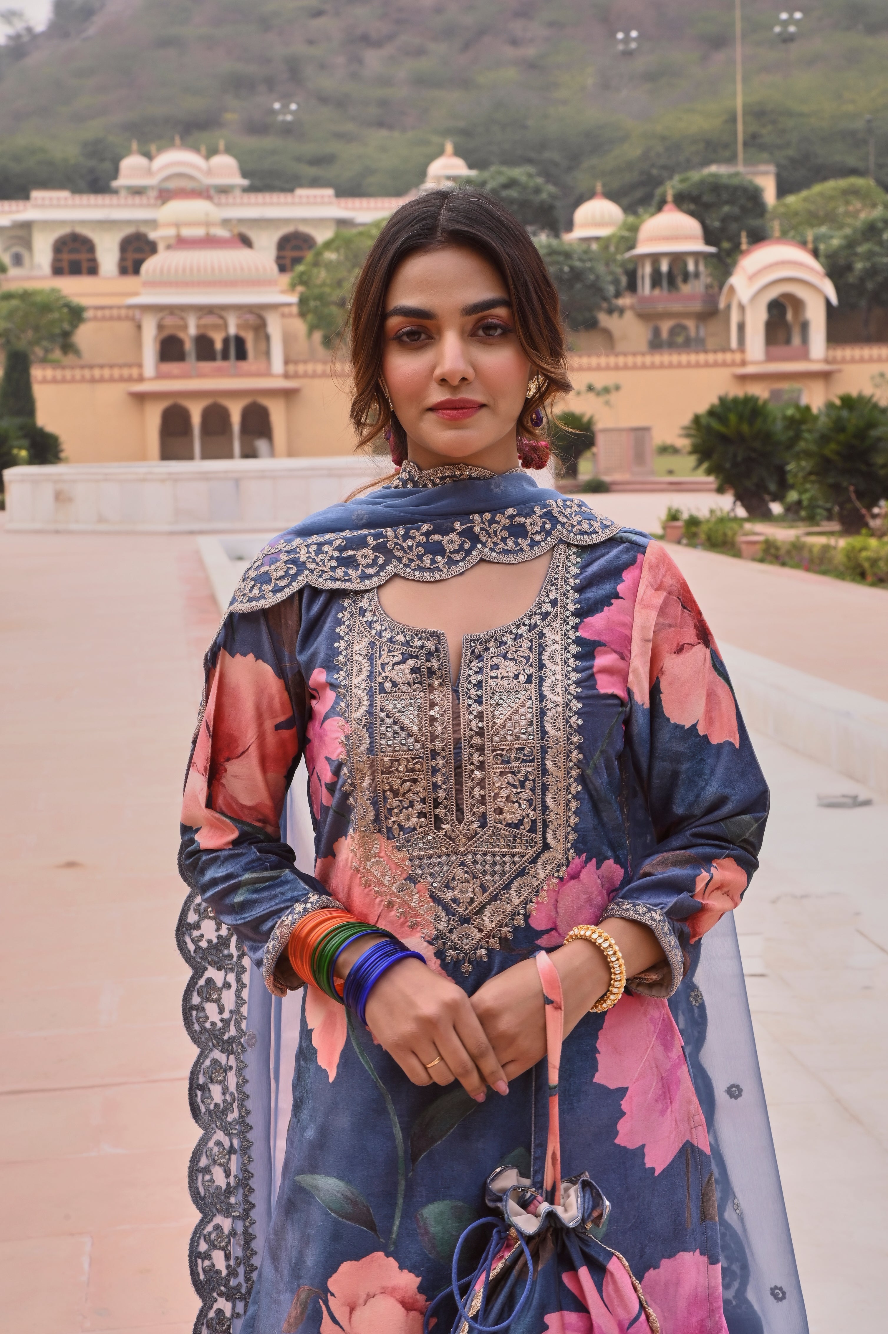 BLUE PRINTED VELVET SHARARA SET