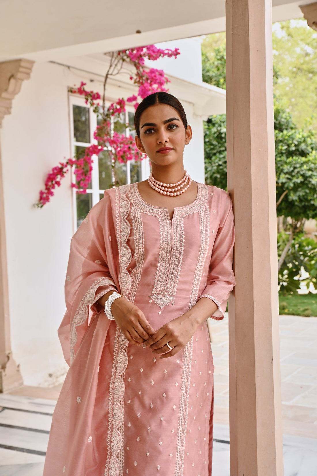 ROSE PINK CHIKANKARI EMBROIDERED CHANDERI KURTA SET