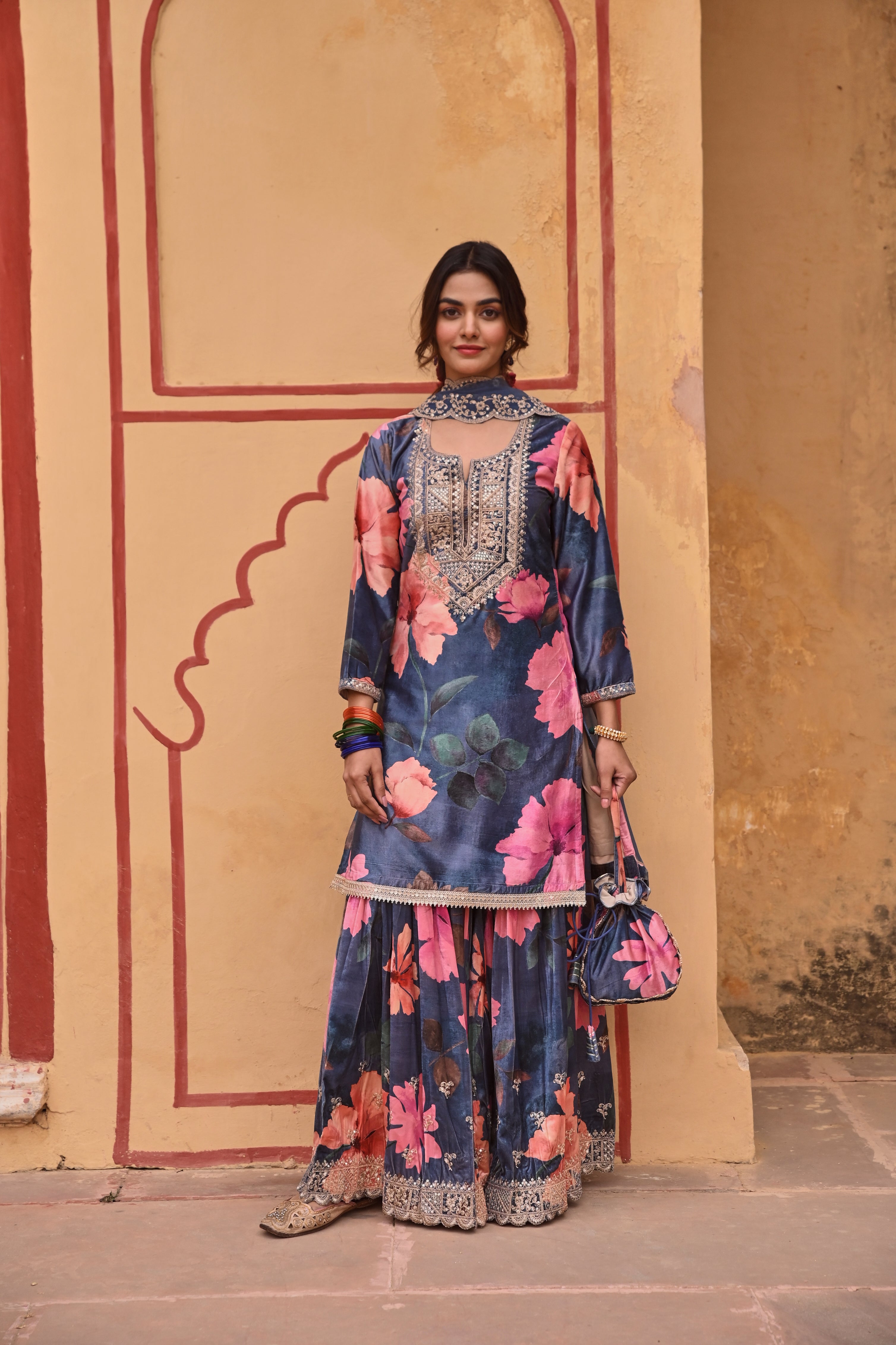 BLUE PRINTED VELVET SHARARA SET