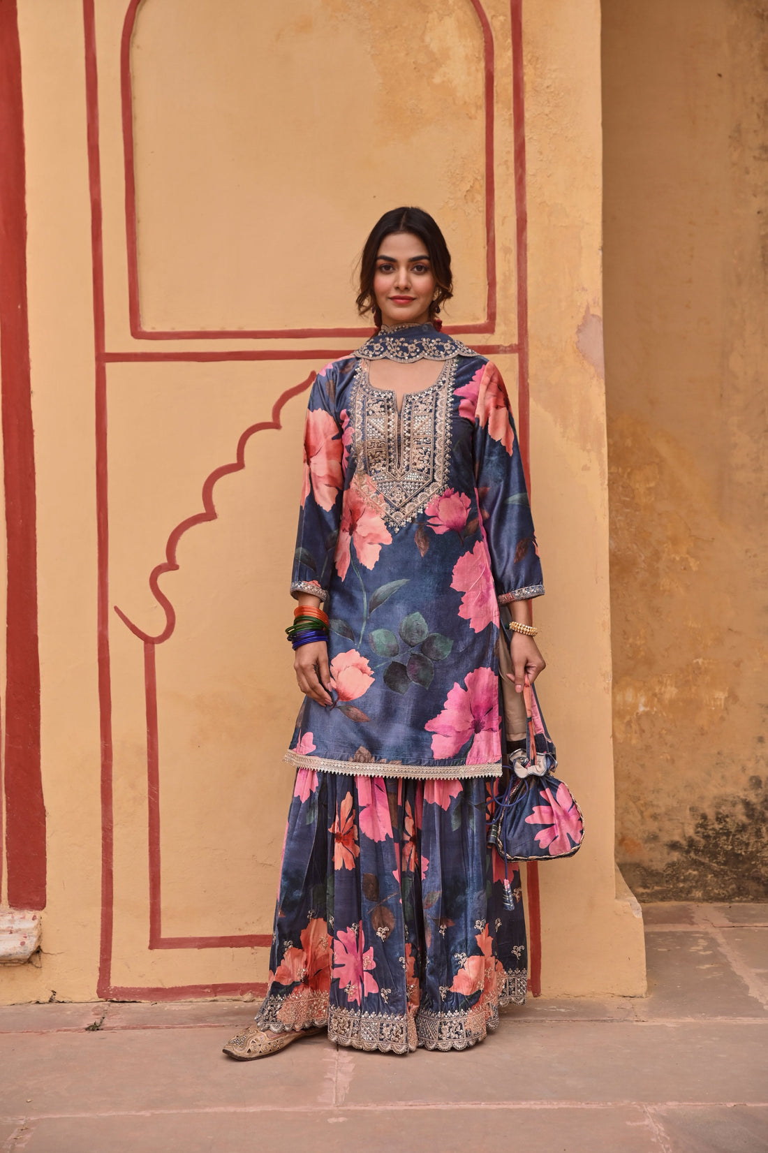 BLUE PRINTED VELVET SHARARA SET
