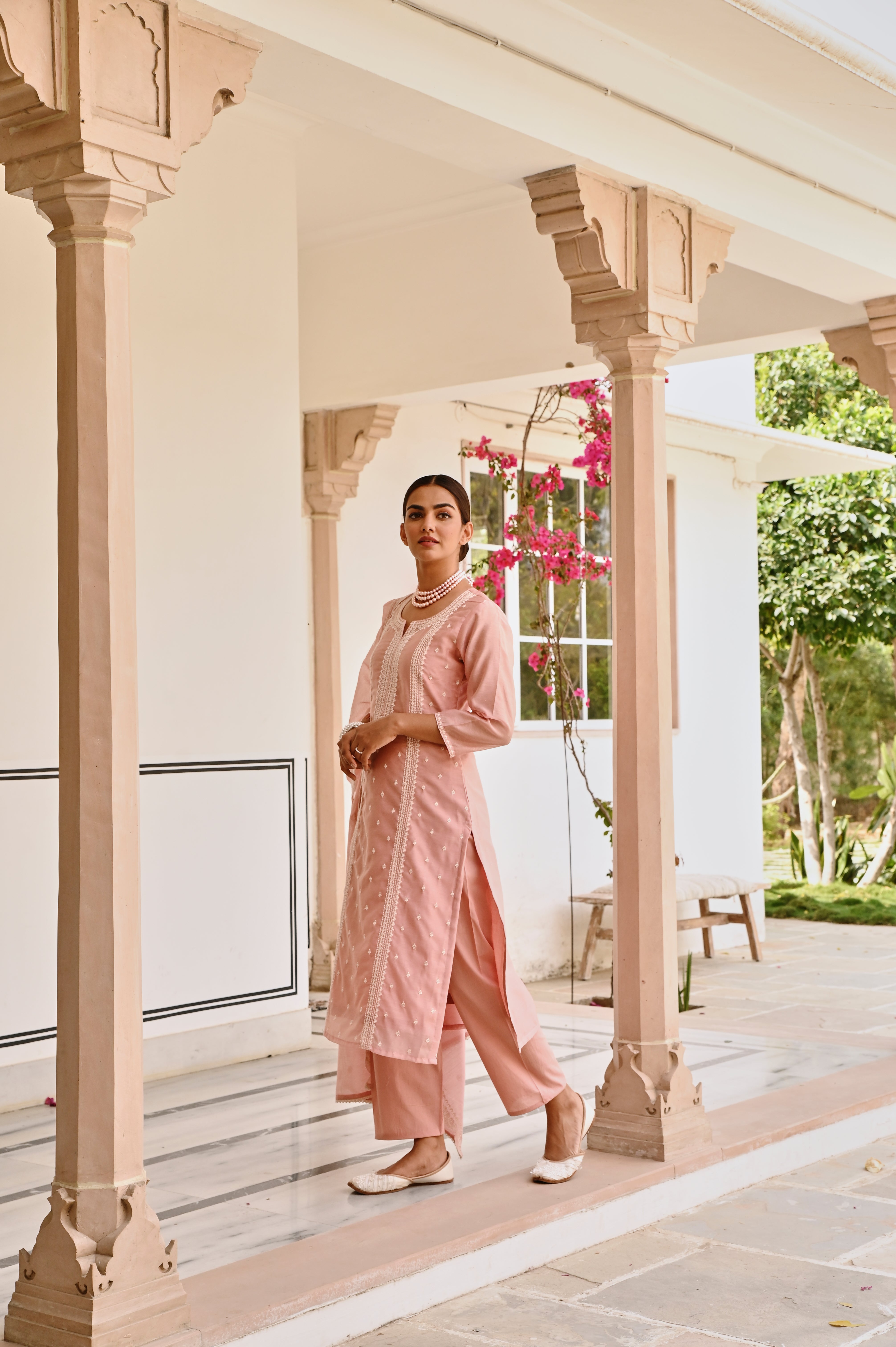 ROSE PINK CHIKANKARI EMBROIDERED CHANDERI KURTA SET