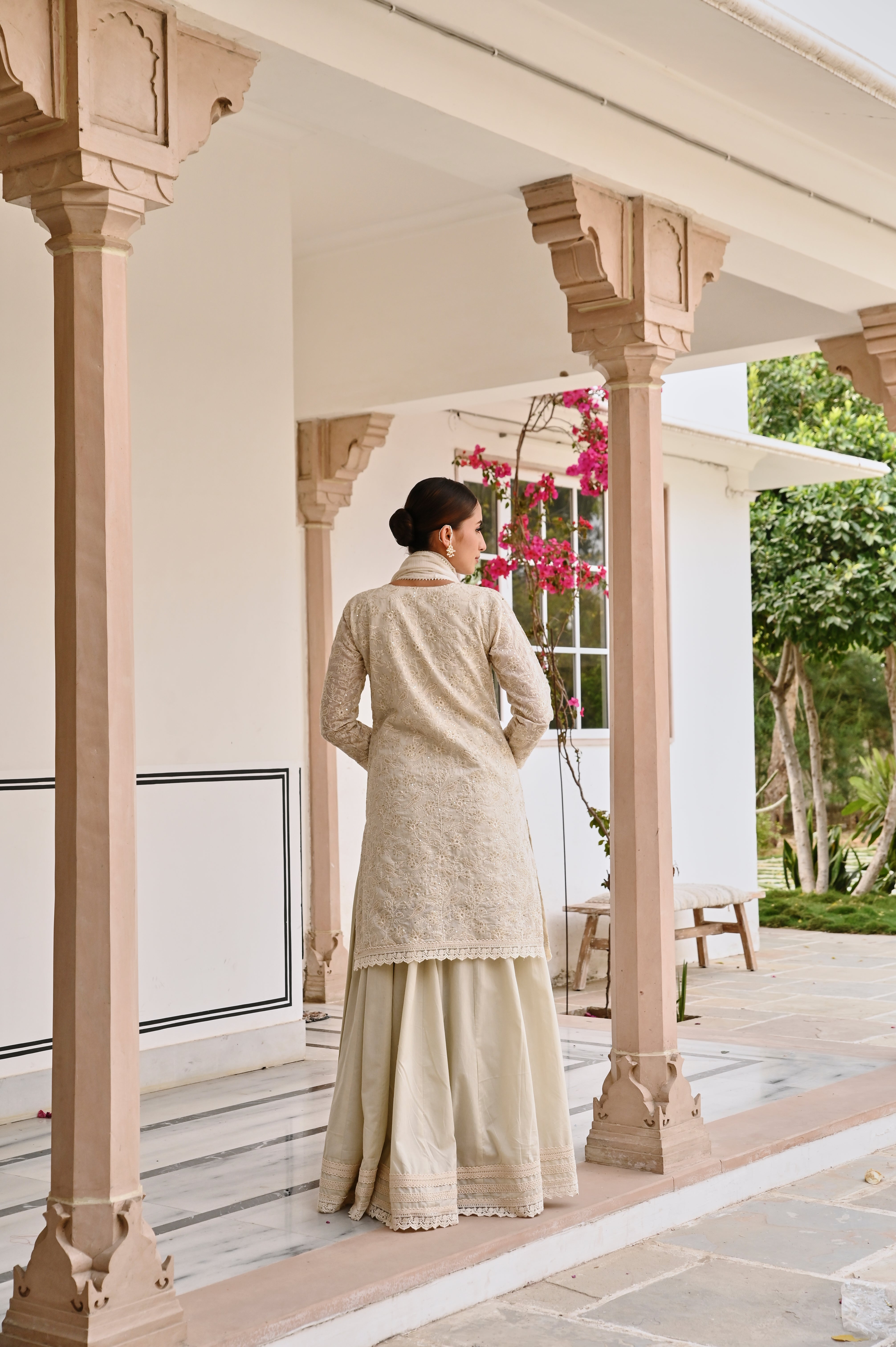 CHIKANKARI EMBROIDERED CHANDERI SKIRT SET
