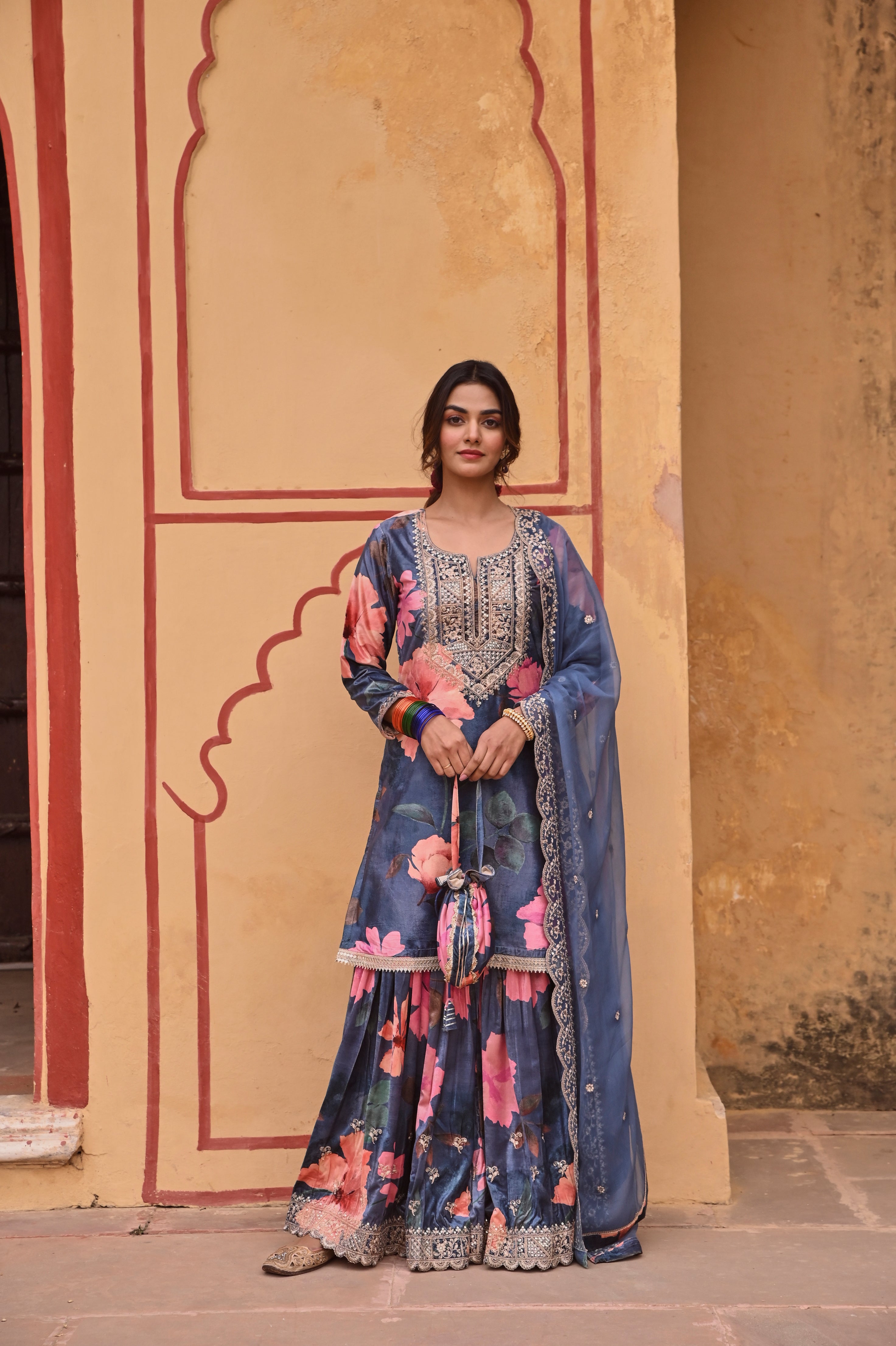 BLUE PRINTED VELVET SHARARA SET