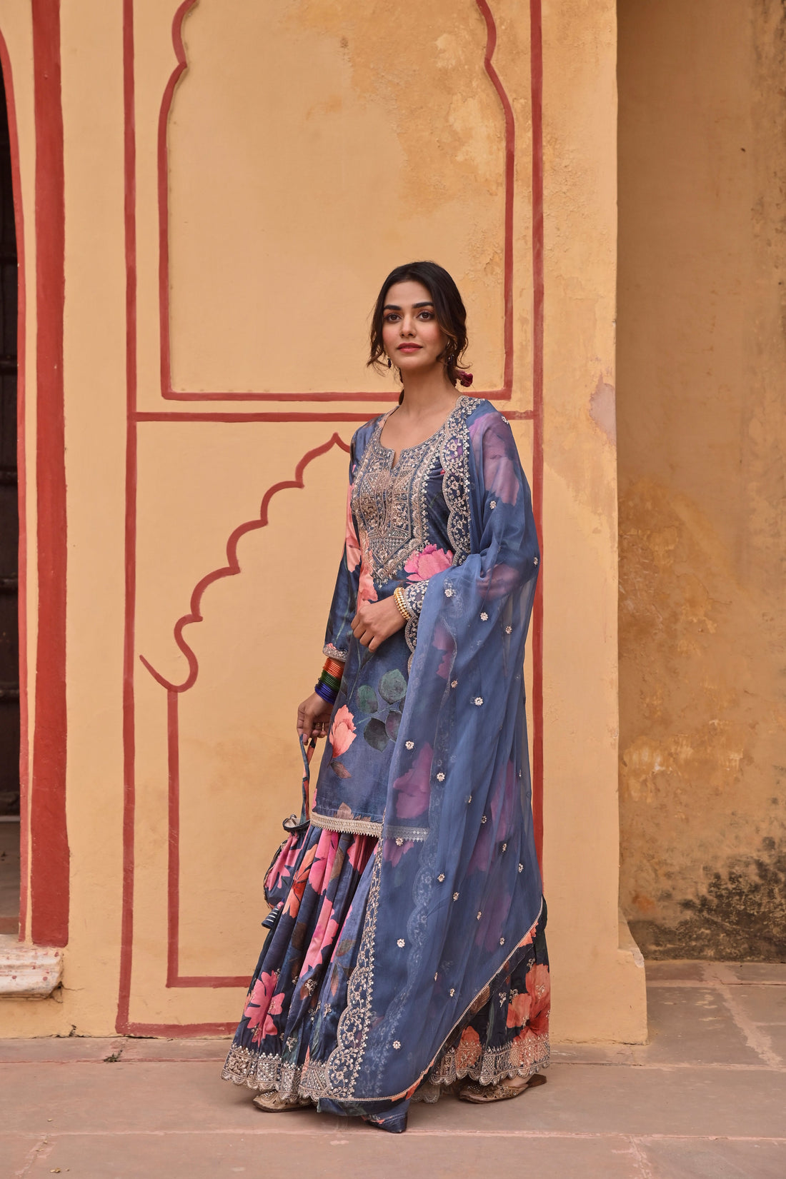 BLUE PRINTED VELVET SHARARA SET