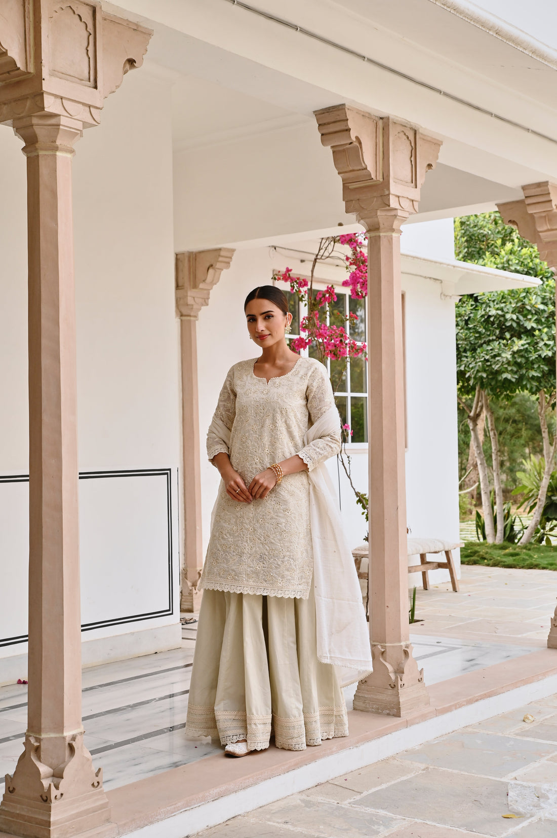 CHIKANKARI EMBROIDERED CHANDERI SKIRT SET
