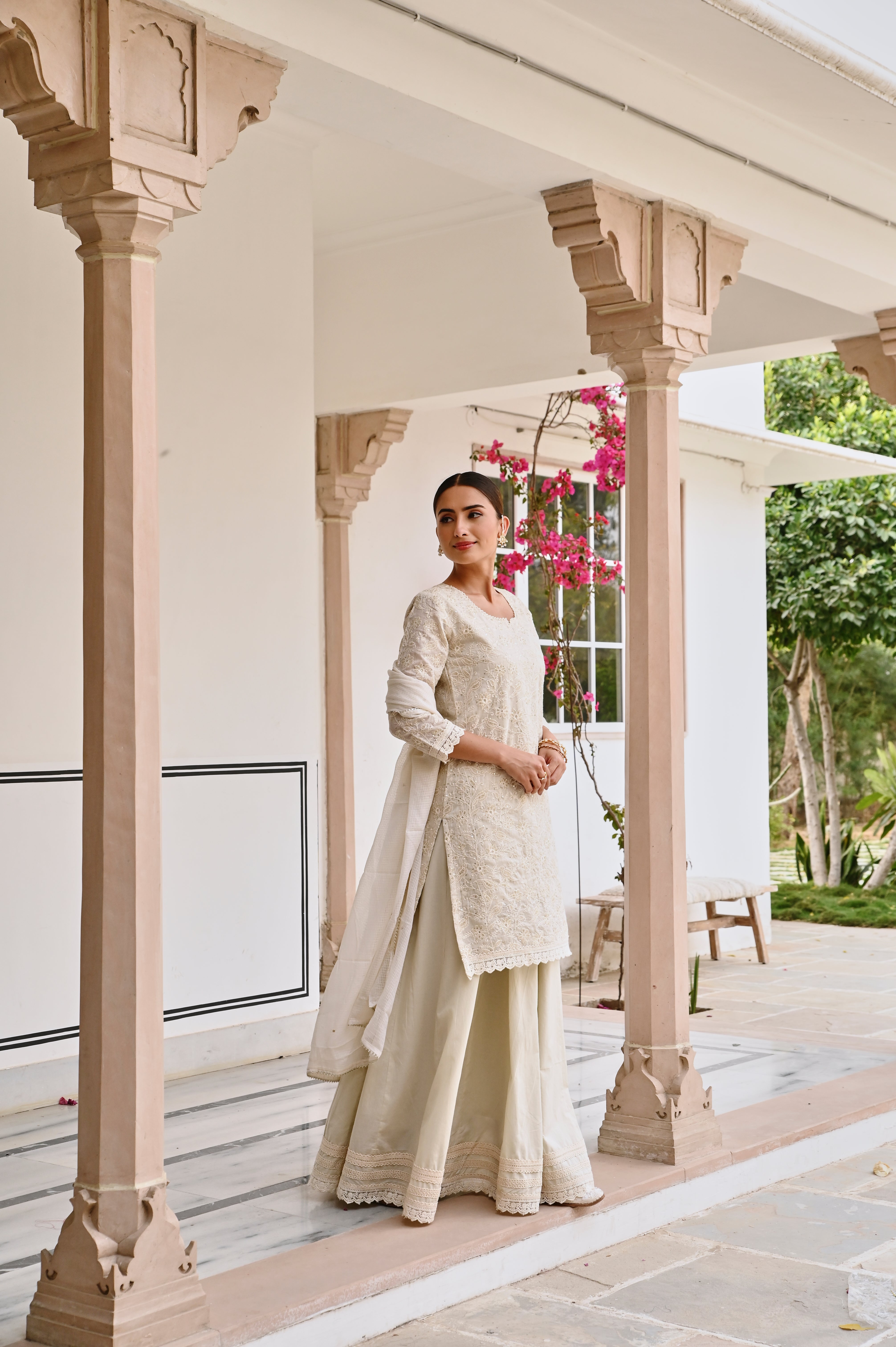 CHIKANKARI EMBROIDERED CHANDERI SKIRT SET