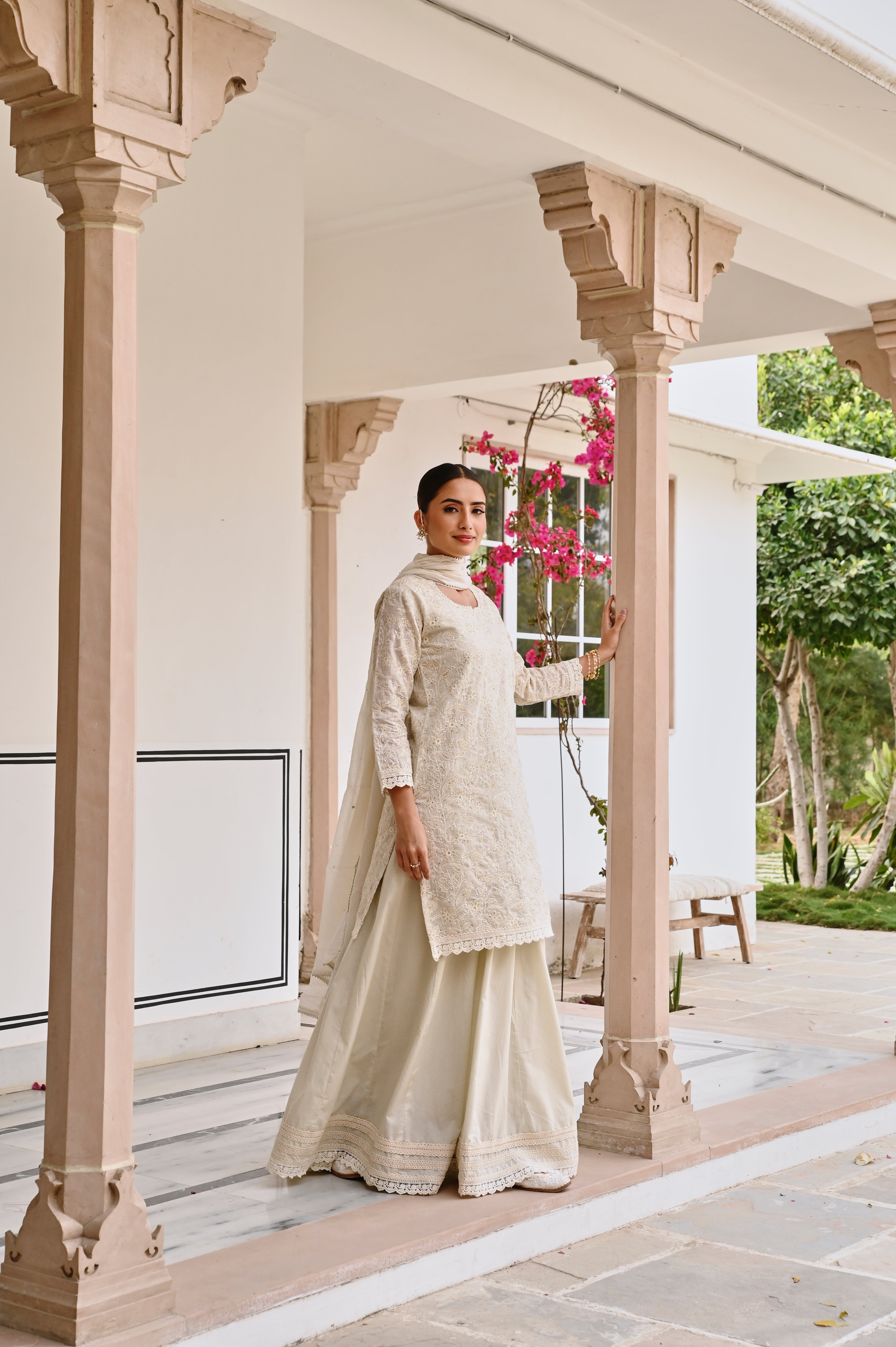 CHIKANKARI EMBROIDERED CHANDERI SKIRT SET