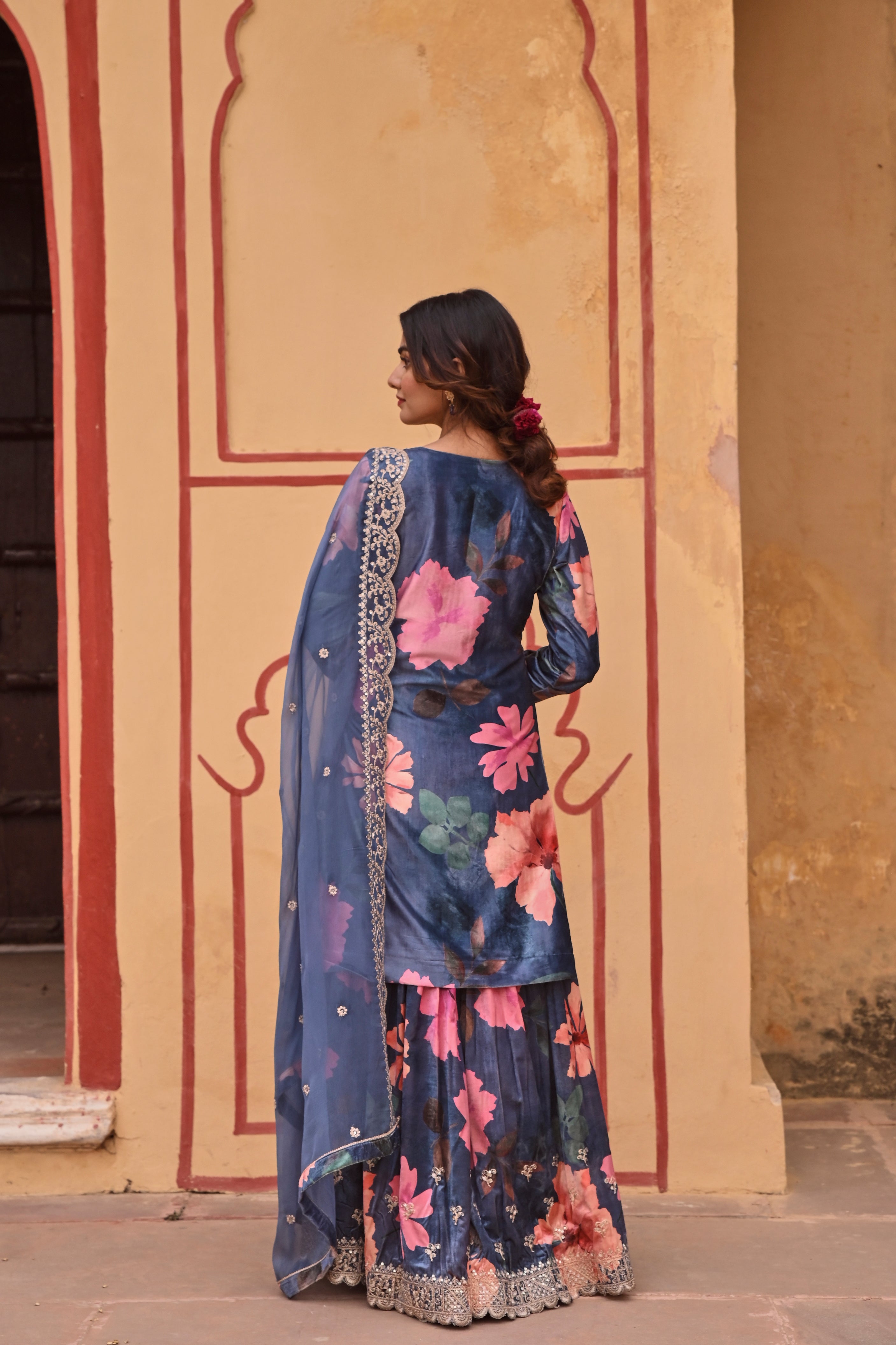 BLUE PRINTED VELVET SHARARA SET