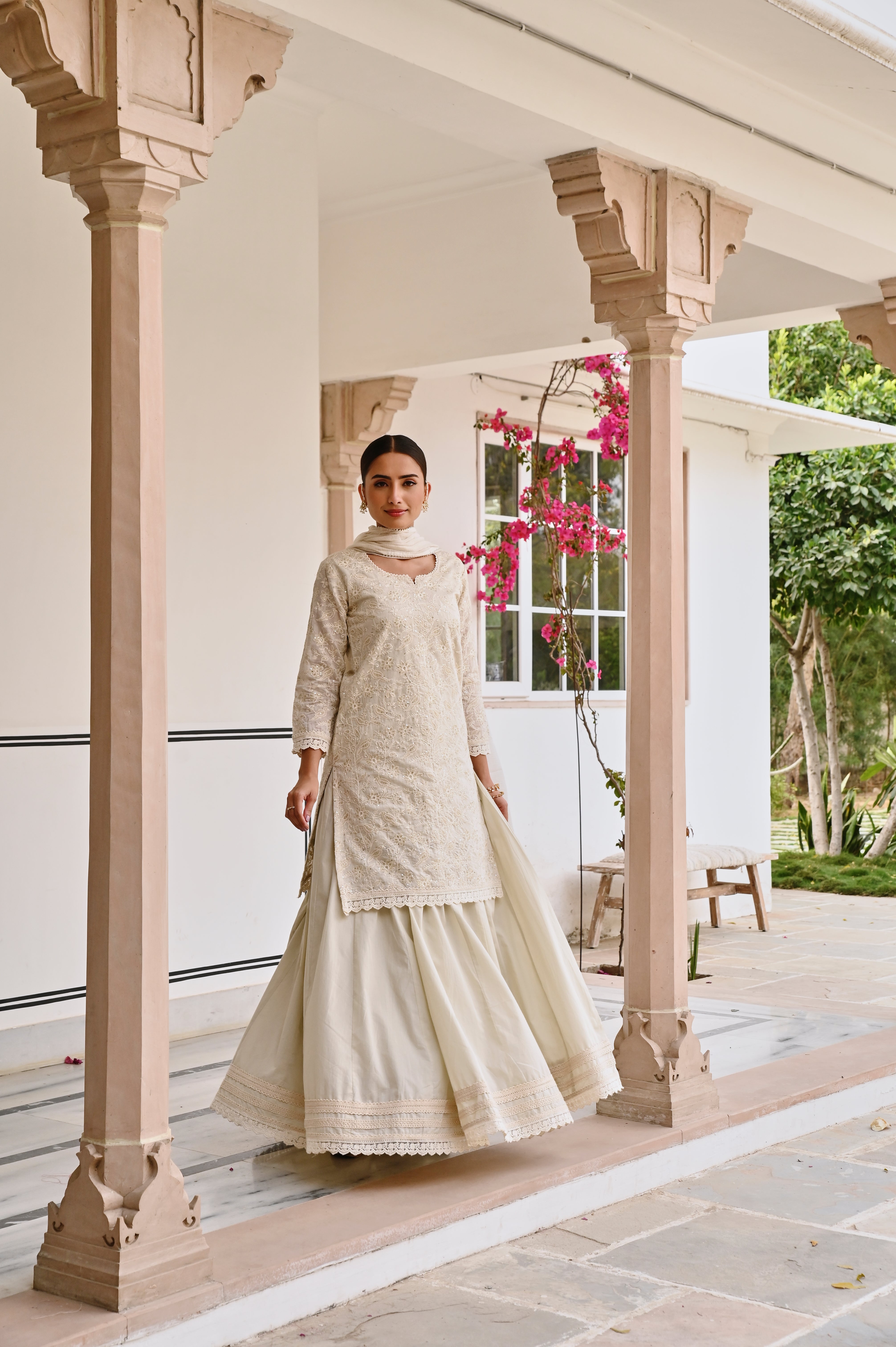 CHIKANKARI EMBROIDERED CHANDERI SKIRT SET