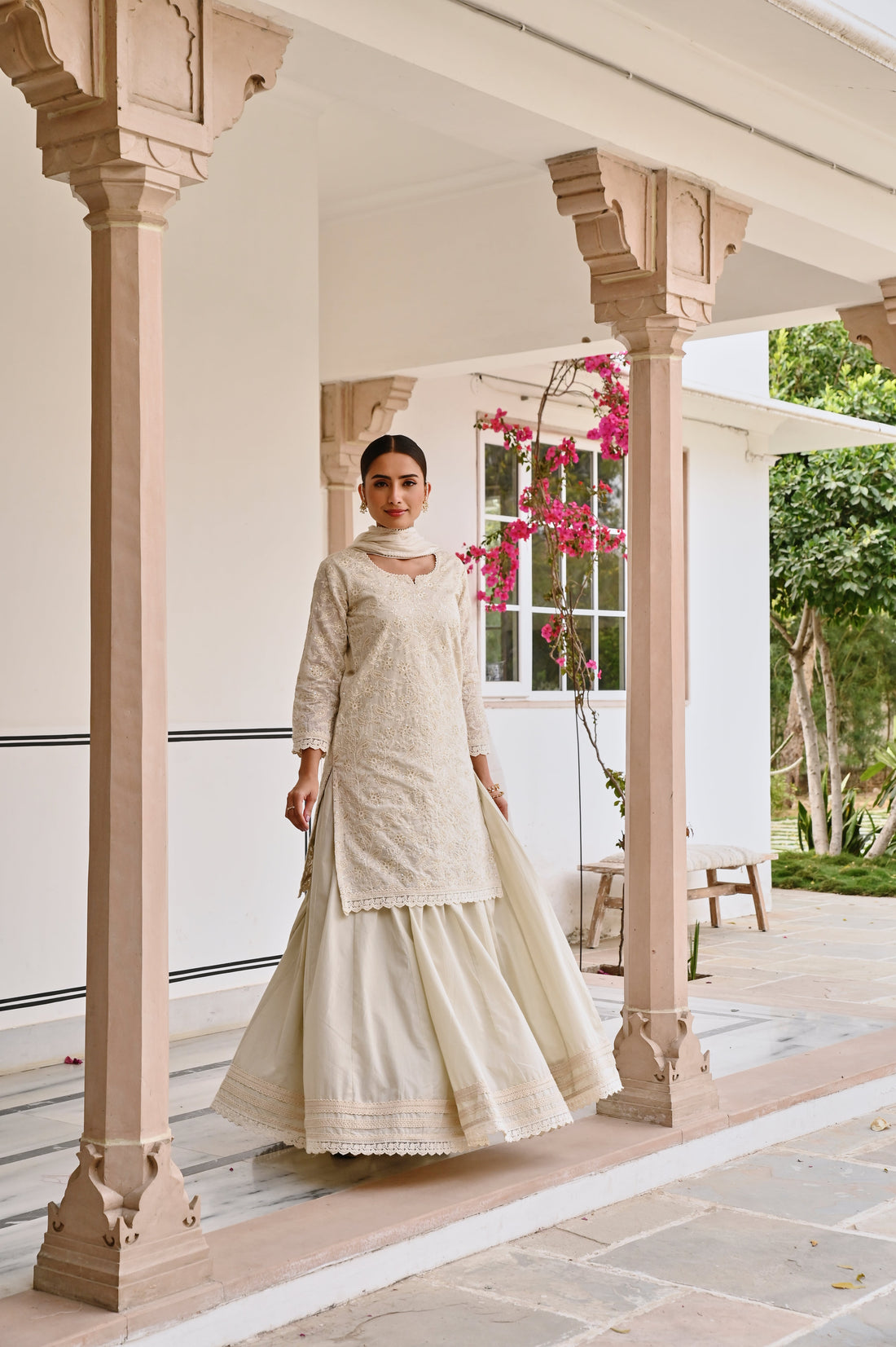 CHIKANKARI EMBROIDERED CHANDERI SKIRT SET