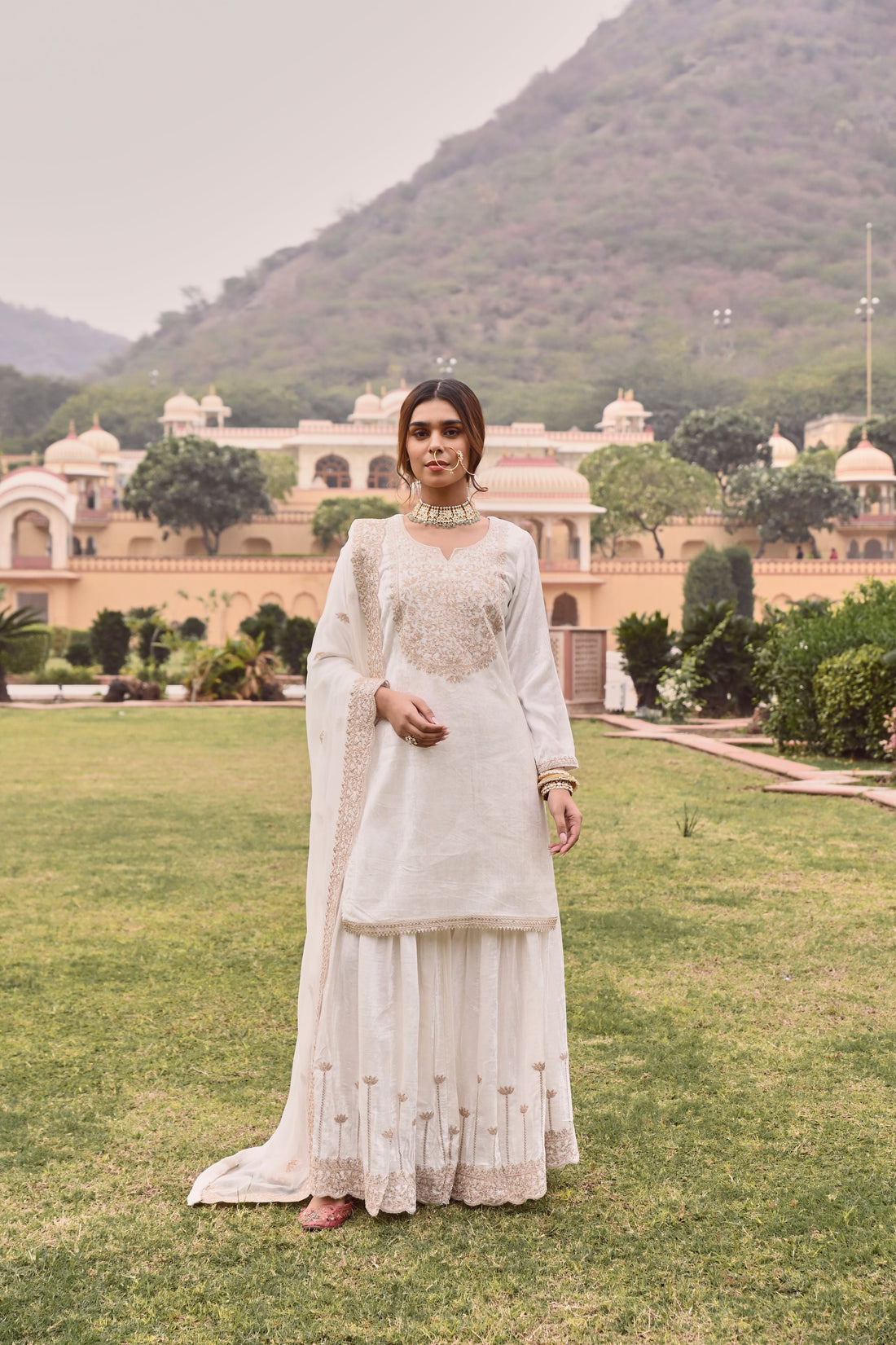 WHITE VELVET EMBROIDERED SHARARA SET