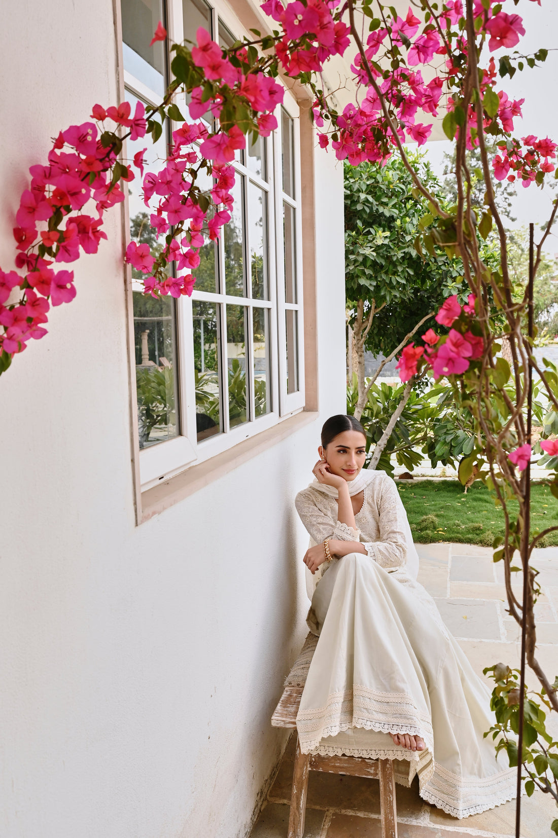 CHIKANKARI EMBROIDERED CHANDERI SKIRT SET