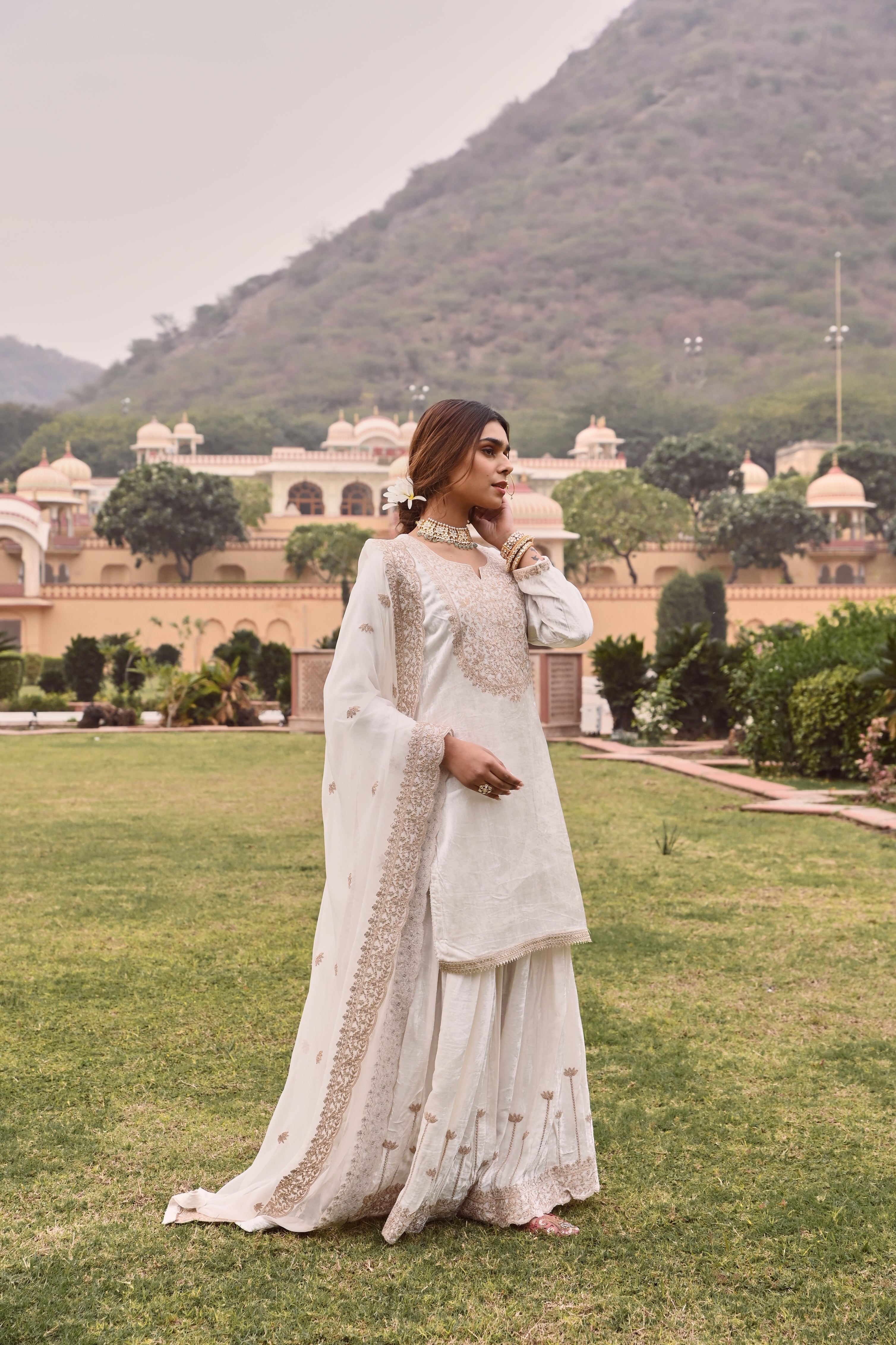 WHITE VELVET EMBROIDERED SHARARA SET