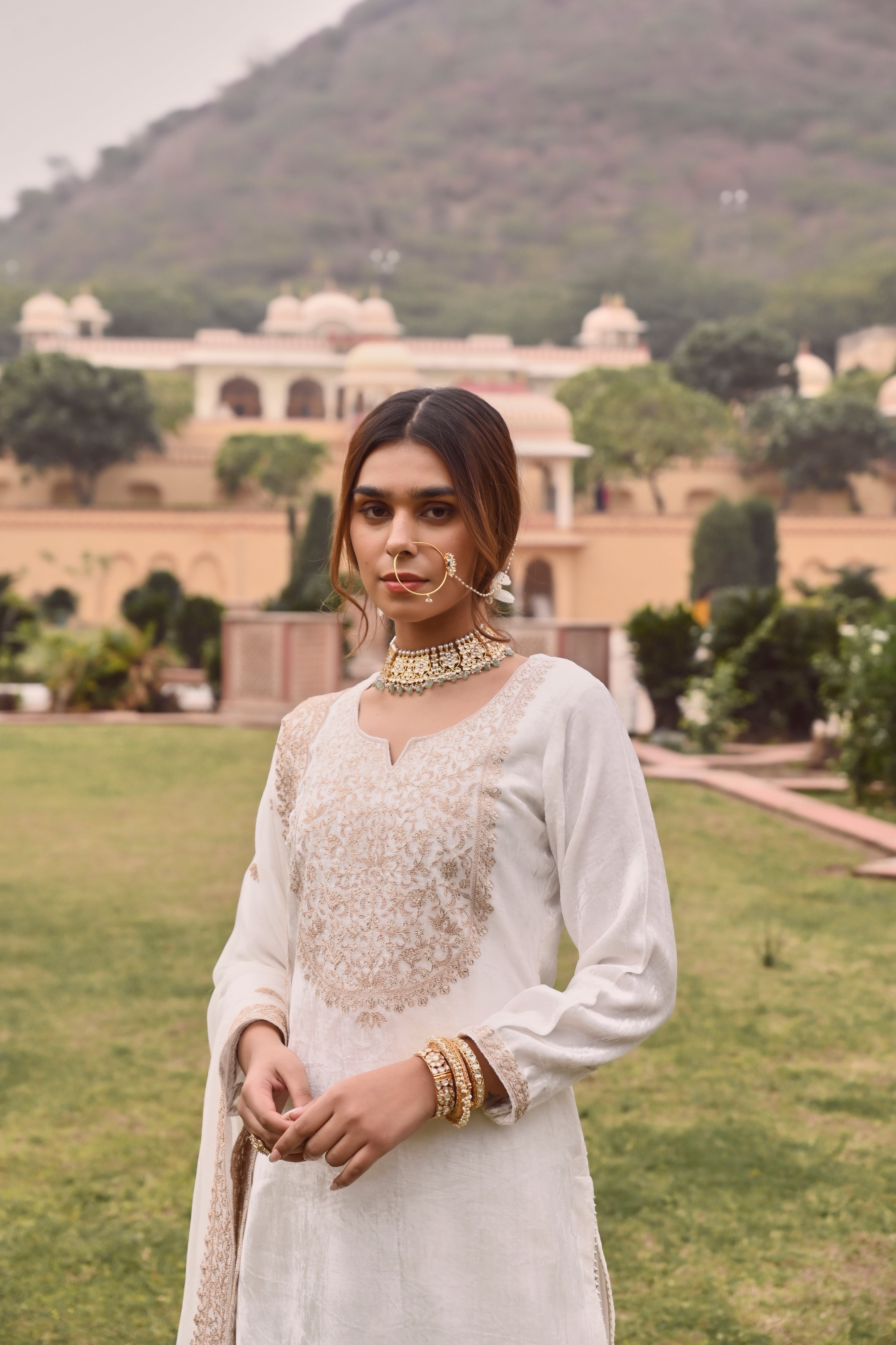 WHITE VELVET EMBROIDERED SHARARA SET
