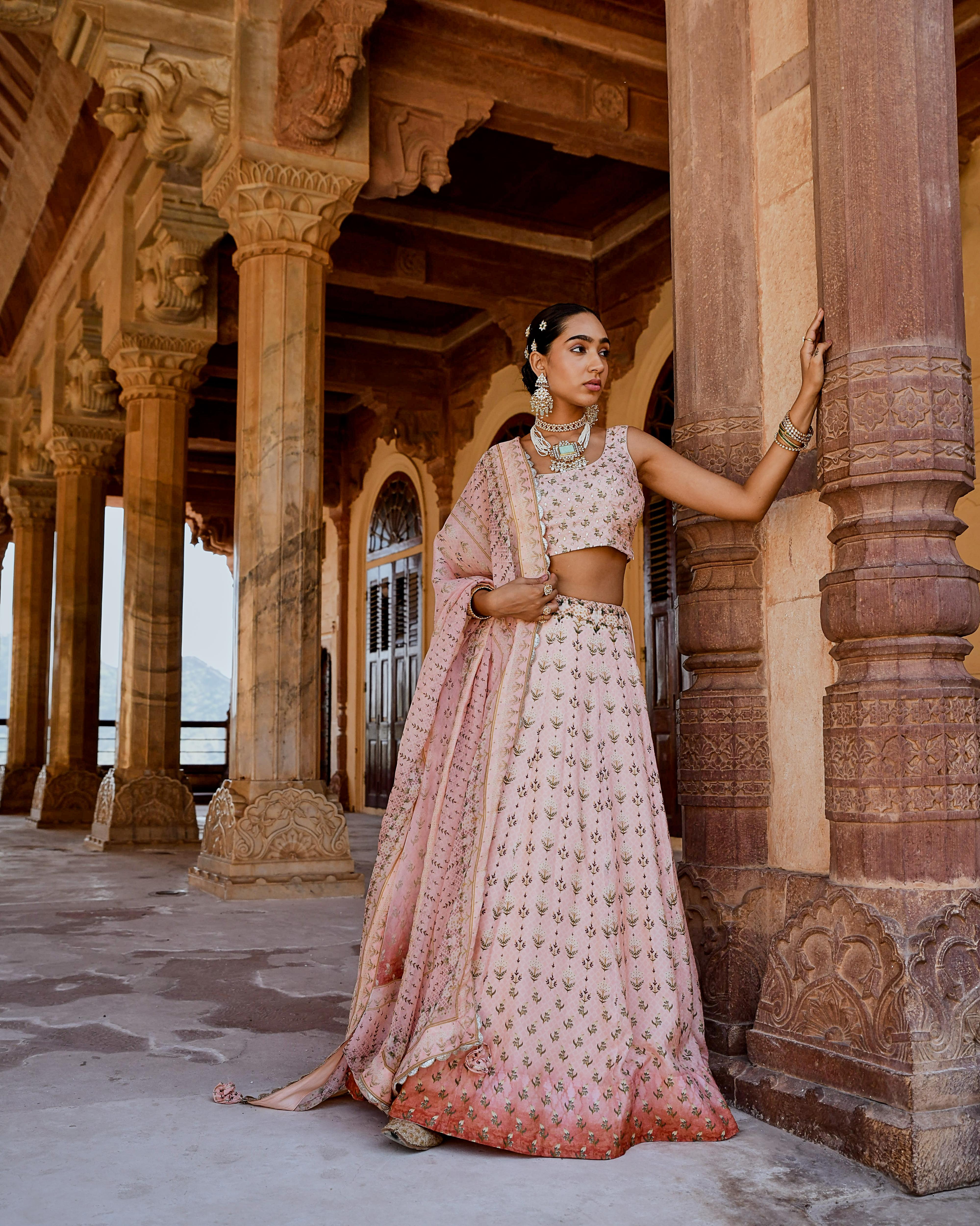 FIZA PEACH PRINTED LEHANGA SET