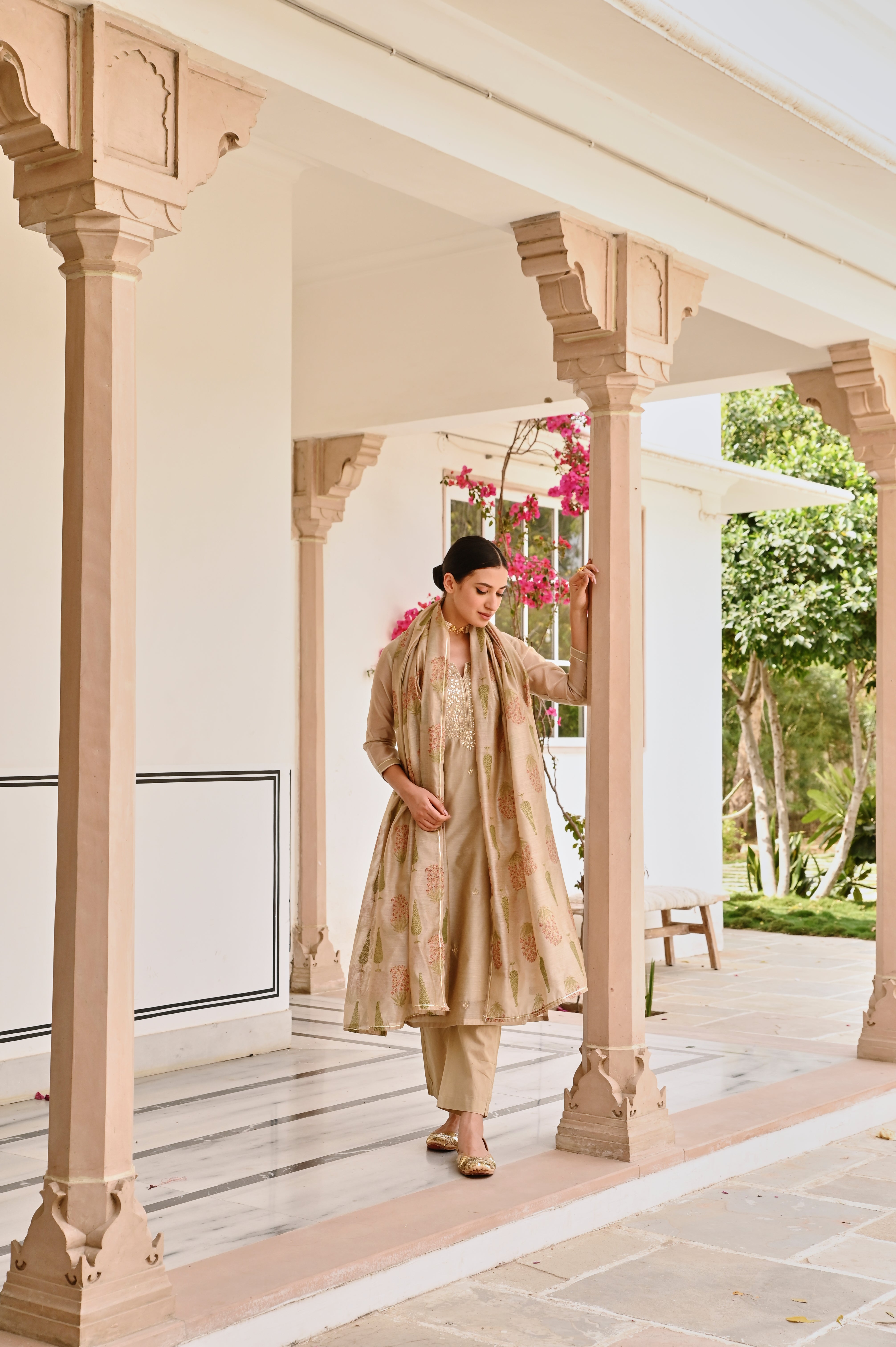 BEIGE CHANDERI GOTA PATTI KURTA SET