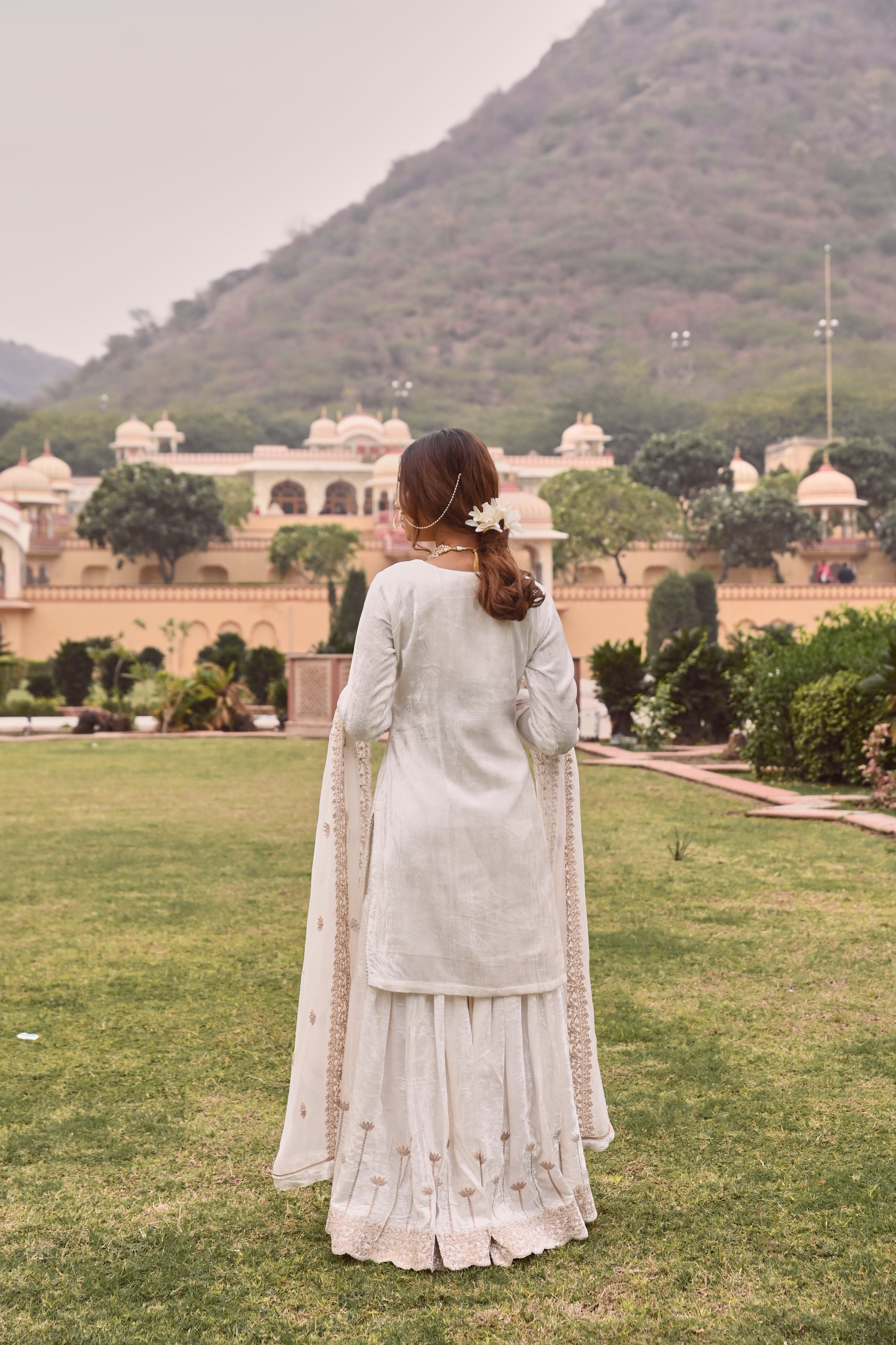 WHITE VELVET EMBROIDERED SHARARA SET