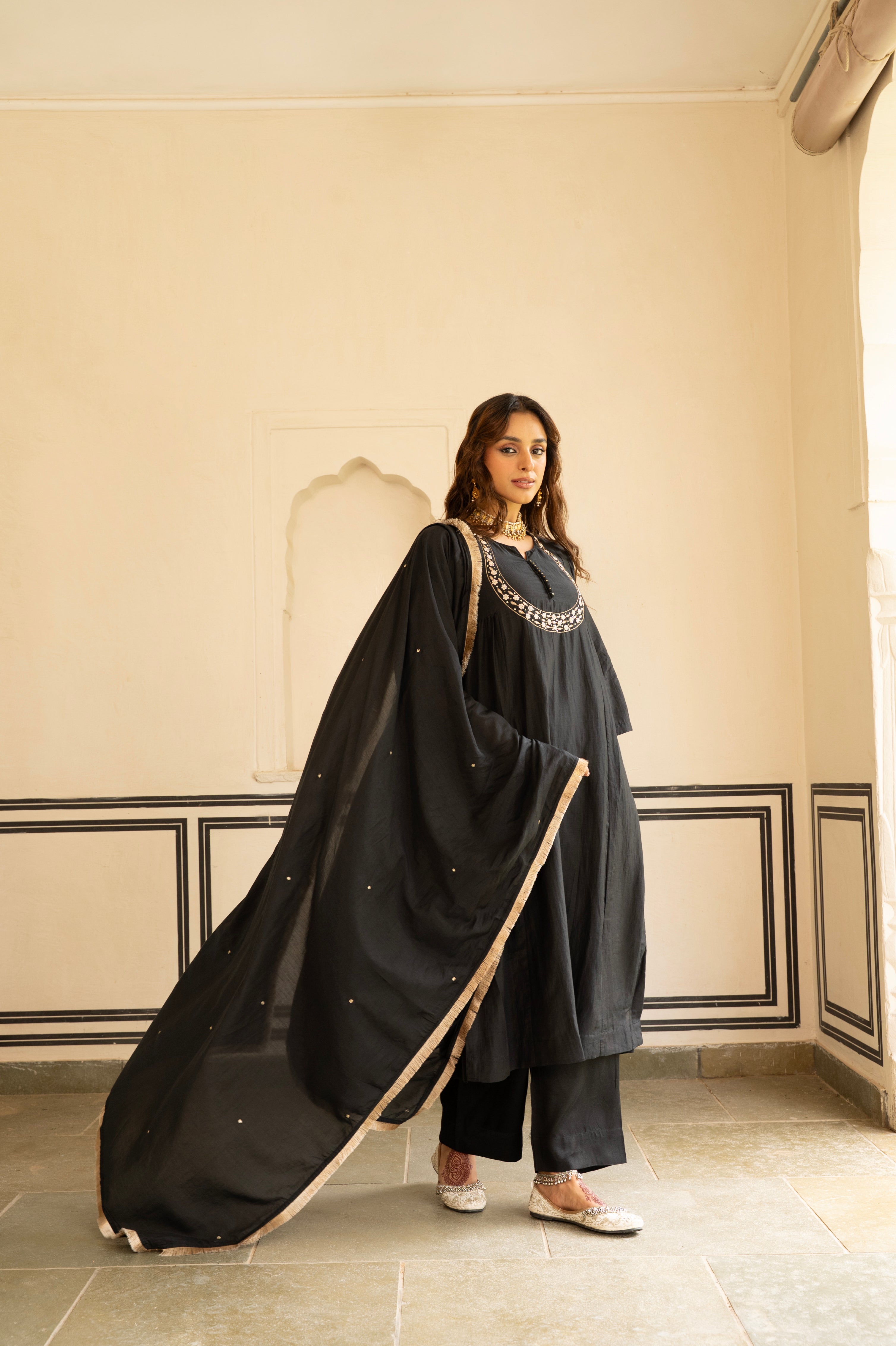 BLACK MUL CHANDERI KURTA SET