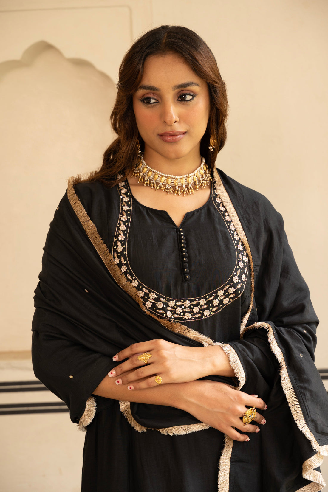 BLACK MUL CHANDERI KURTA SET