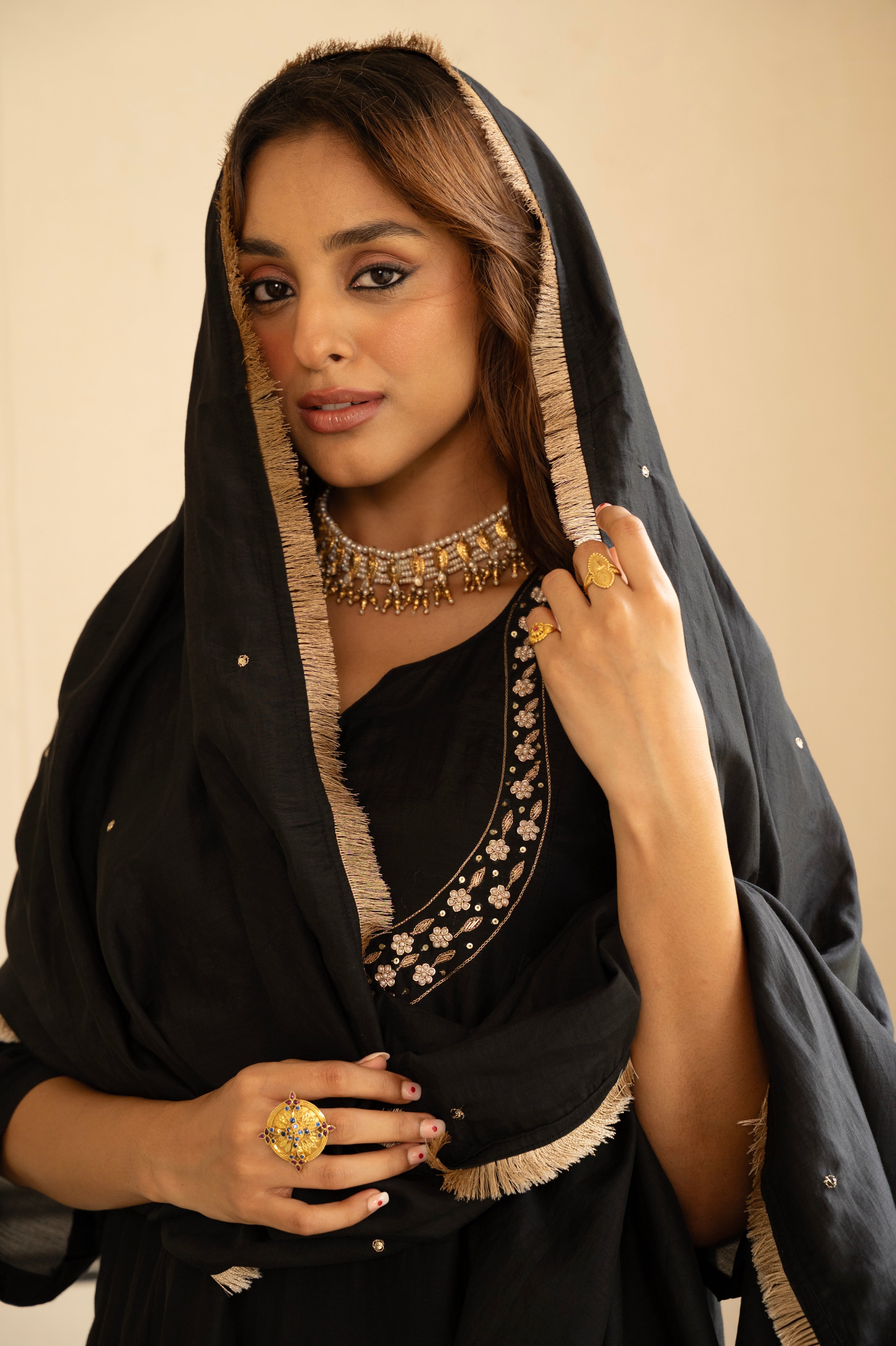 BLACK MUL CHANDERI KURTA SET