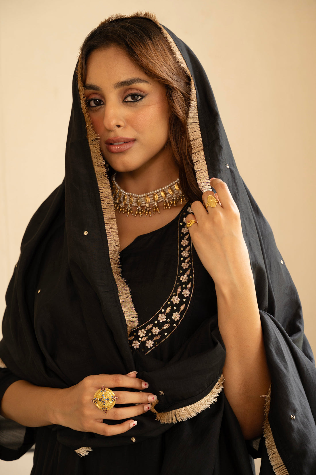 BLACK MUL CHANDERI KURTA SET