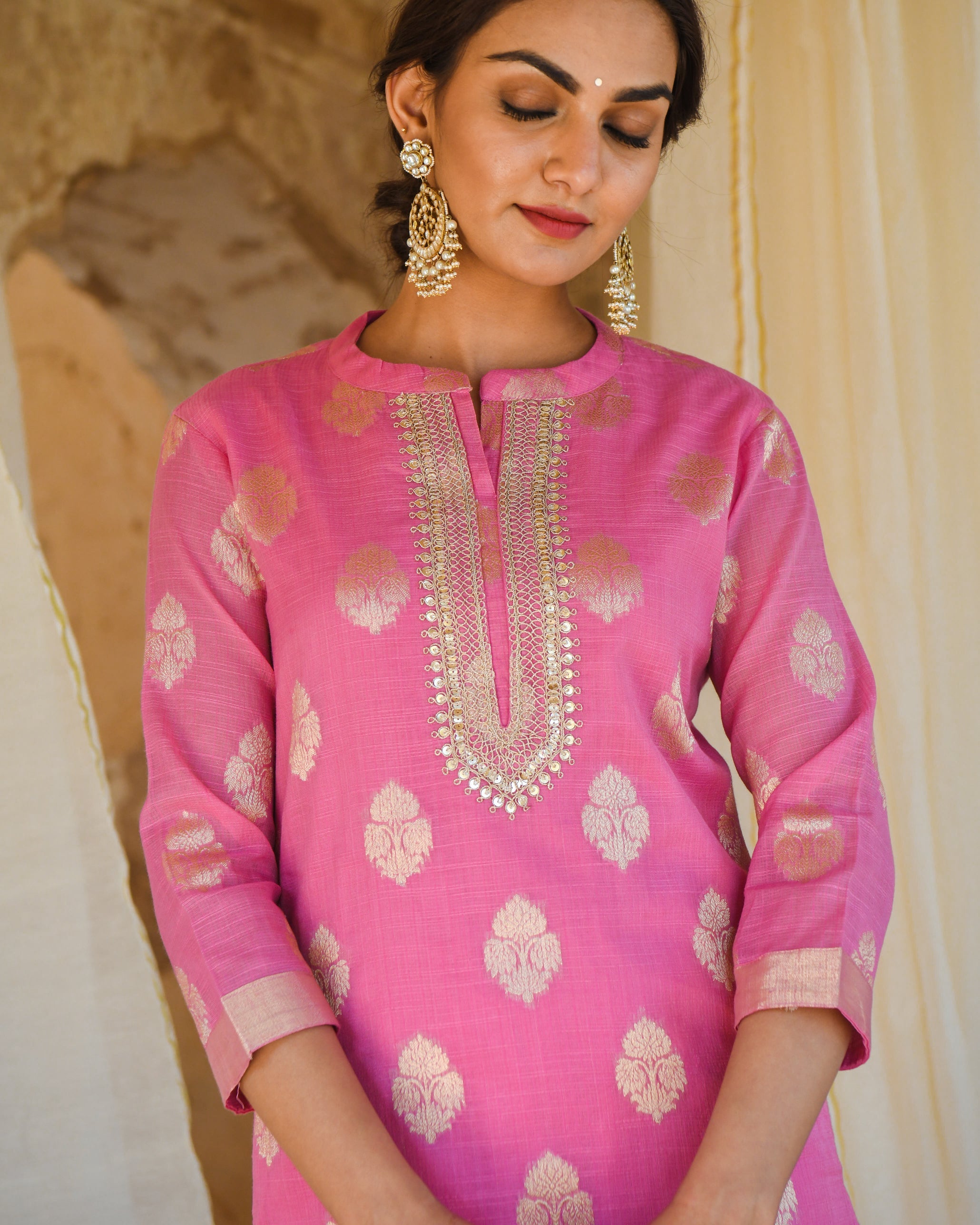 PINK CHANDERI KURTA WITH COTTON PANTS & CHANDERI DUPATTA