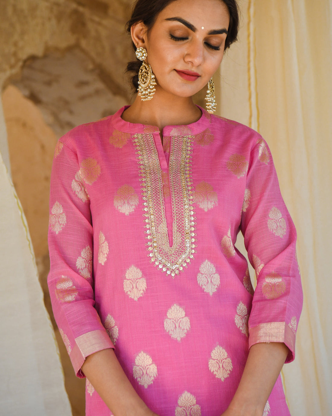 PINK CHANDERI KURTA WITH COTTON PANTS & CHANDERI DUPATTA