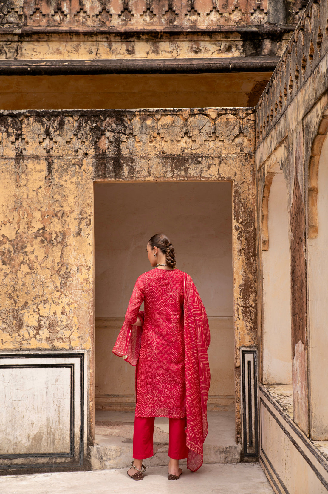 RED CHANDERI V-NECK EMBROIDERED  KURTA SET