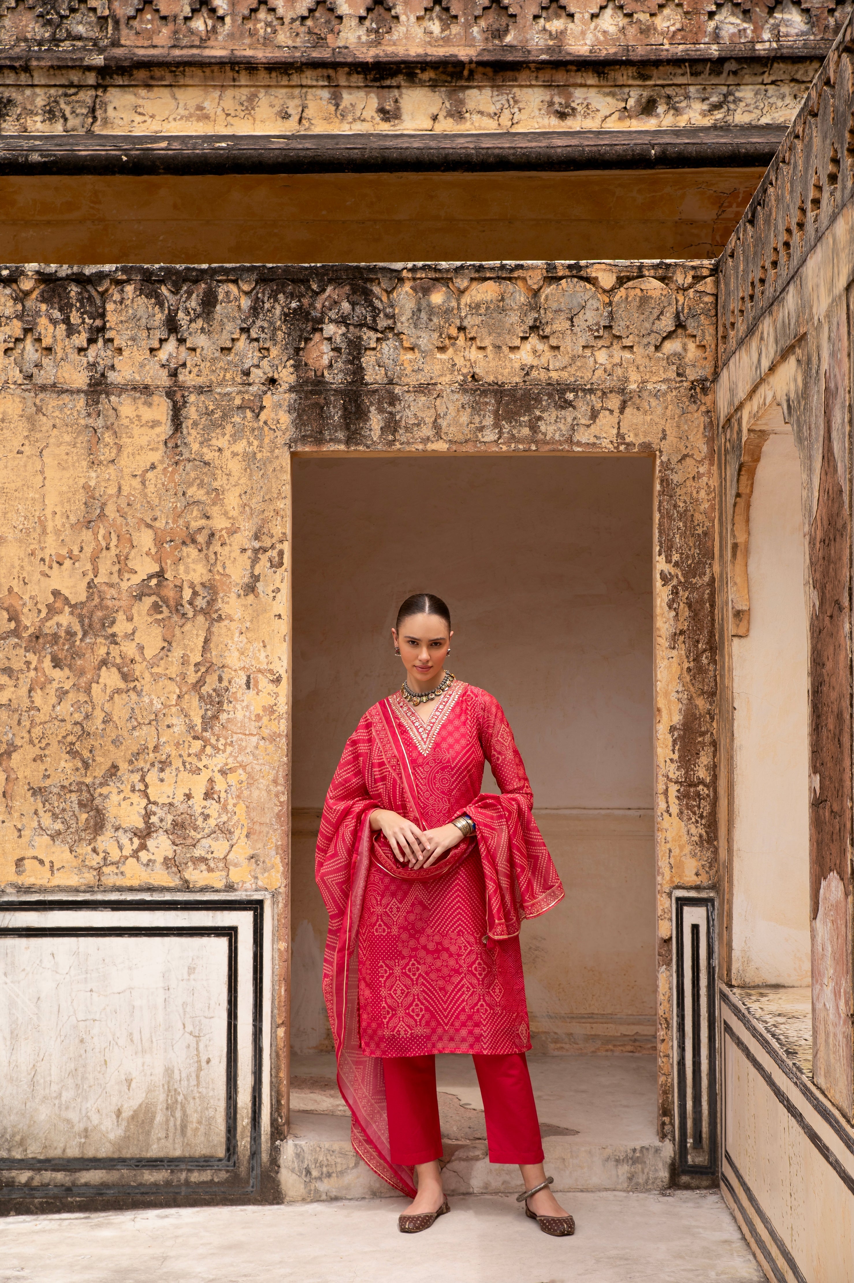 RED CHANDERI V-NECK EMBROIDERED  KURTA SET