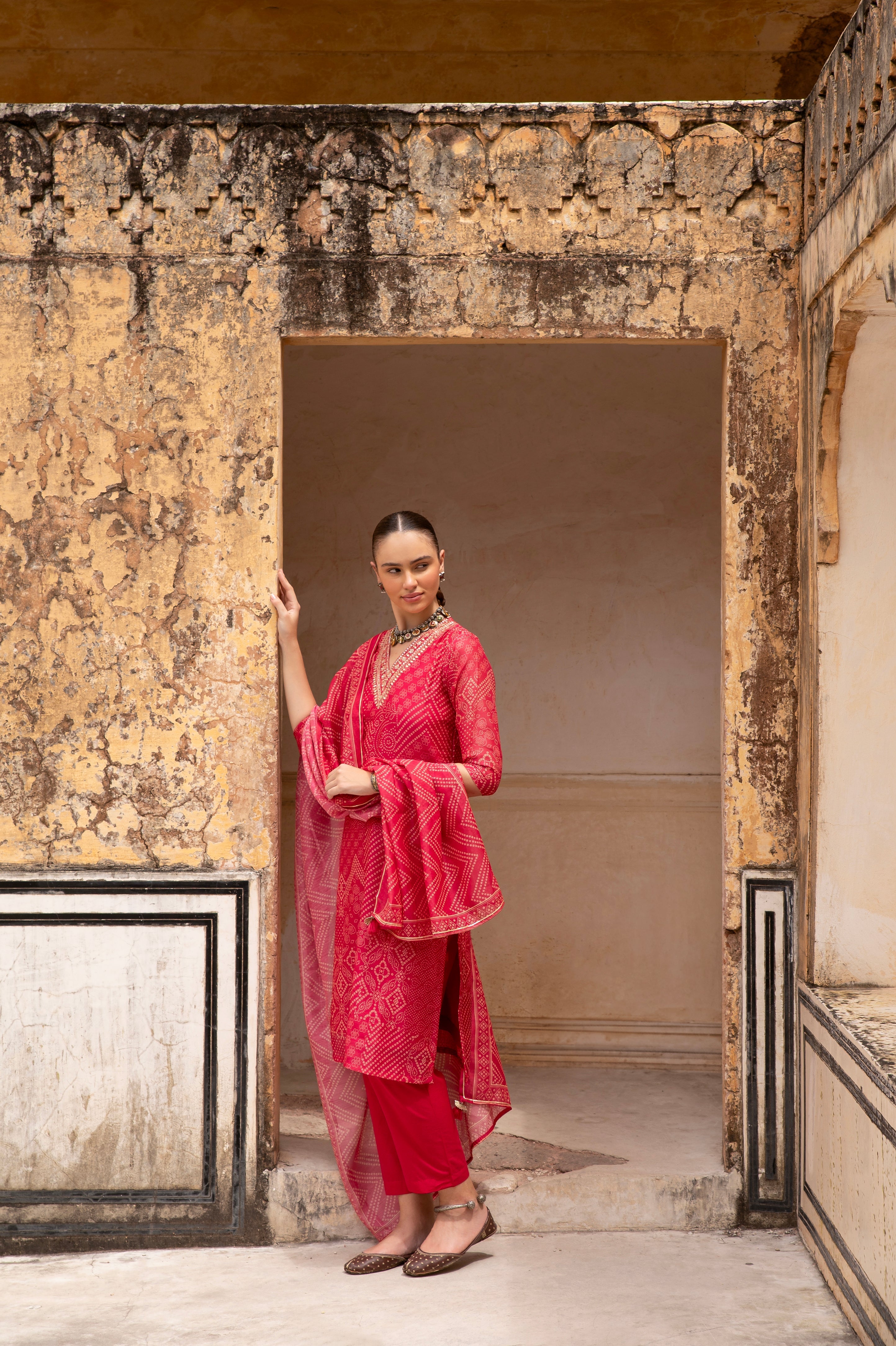 RED CHANDERI V-NECK EMBROIDERED  KURTA SET