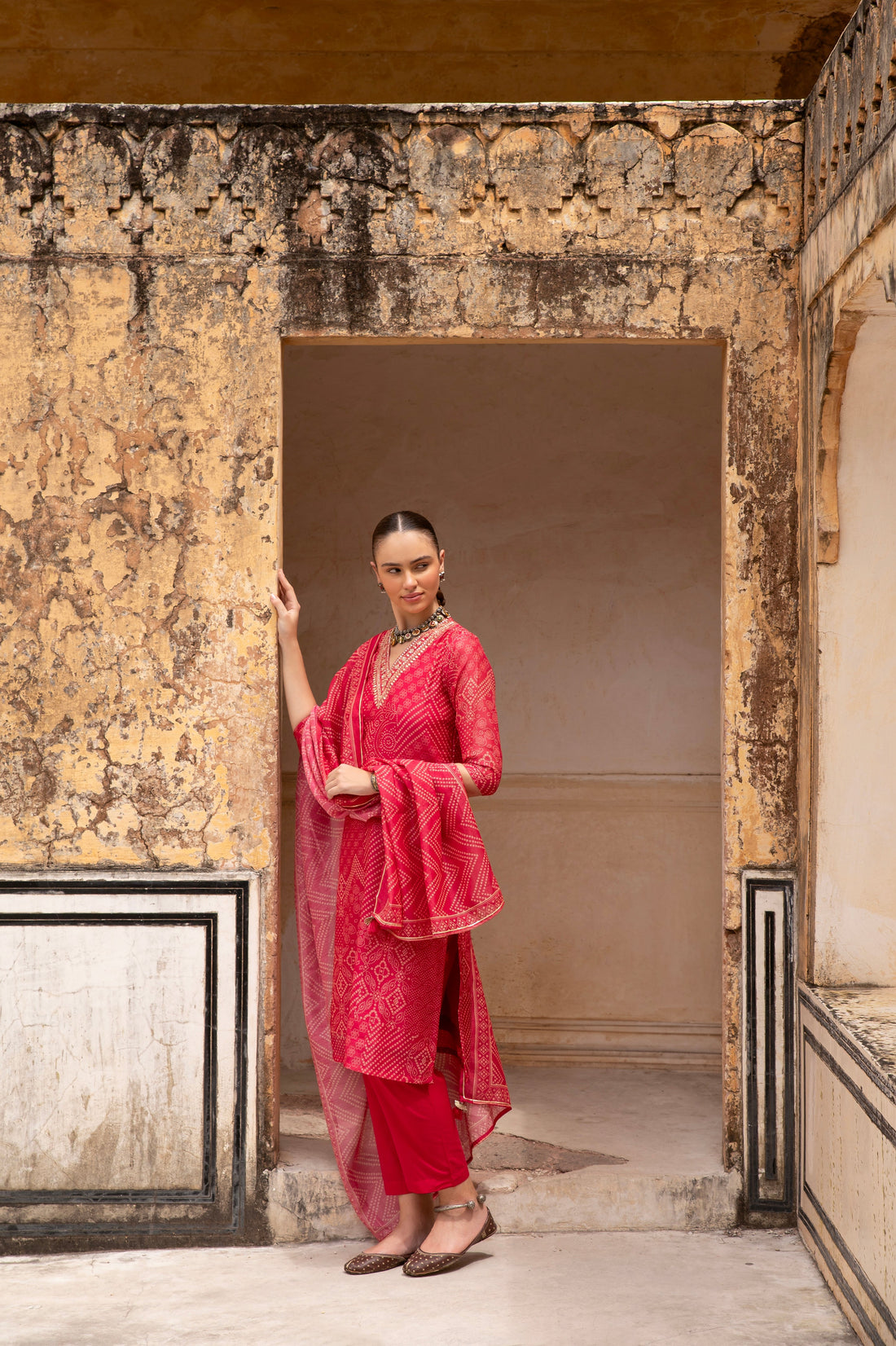 RED CHANDERI V-NECK EMBROIDERED  KURTA SET