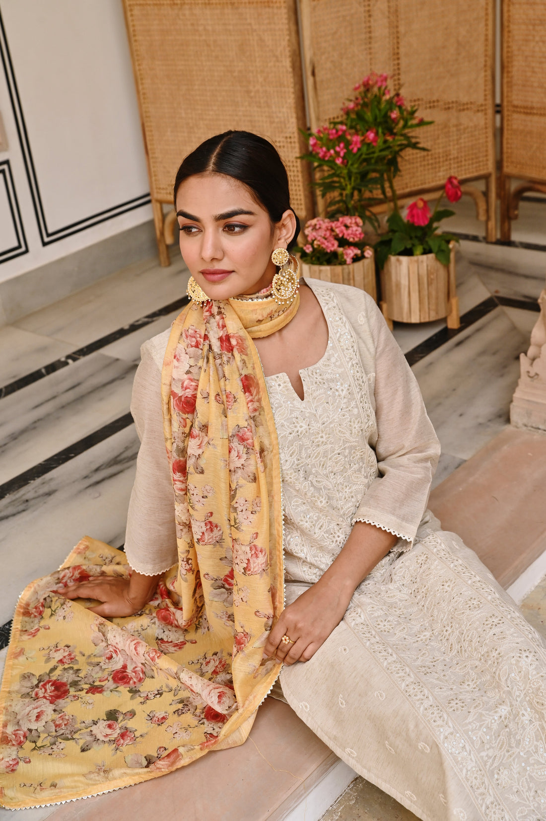 OFF WHITE CHIKANKARI JUTE CHANDERI KURTA SET