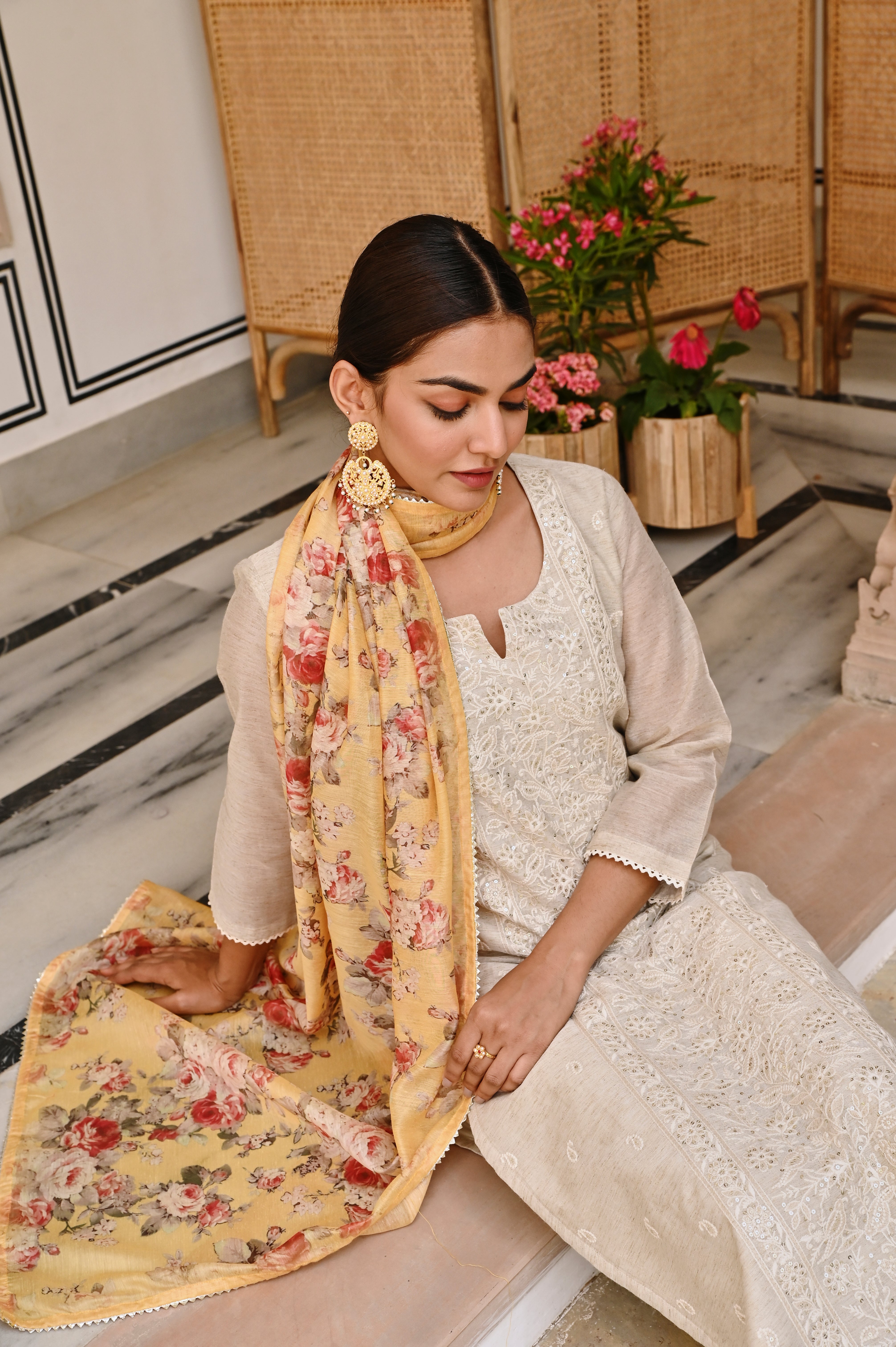 OFF WHITE CHIKANKARI JUTE CHANDERI KURTA SET