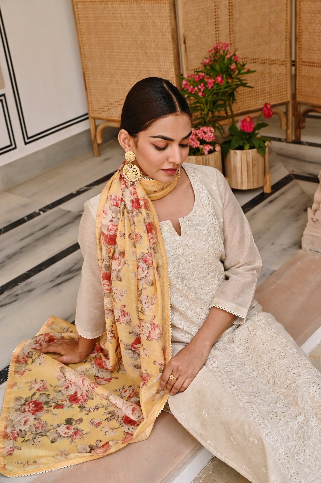 OFF WHITE CHIKANKARI JUTE CHANDERI KURTA SET