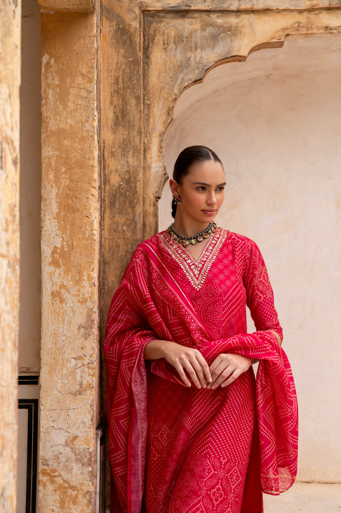 RED CHANDERI V-NECK EMBROIDERED  KURTA SET
