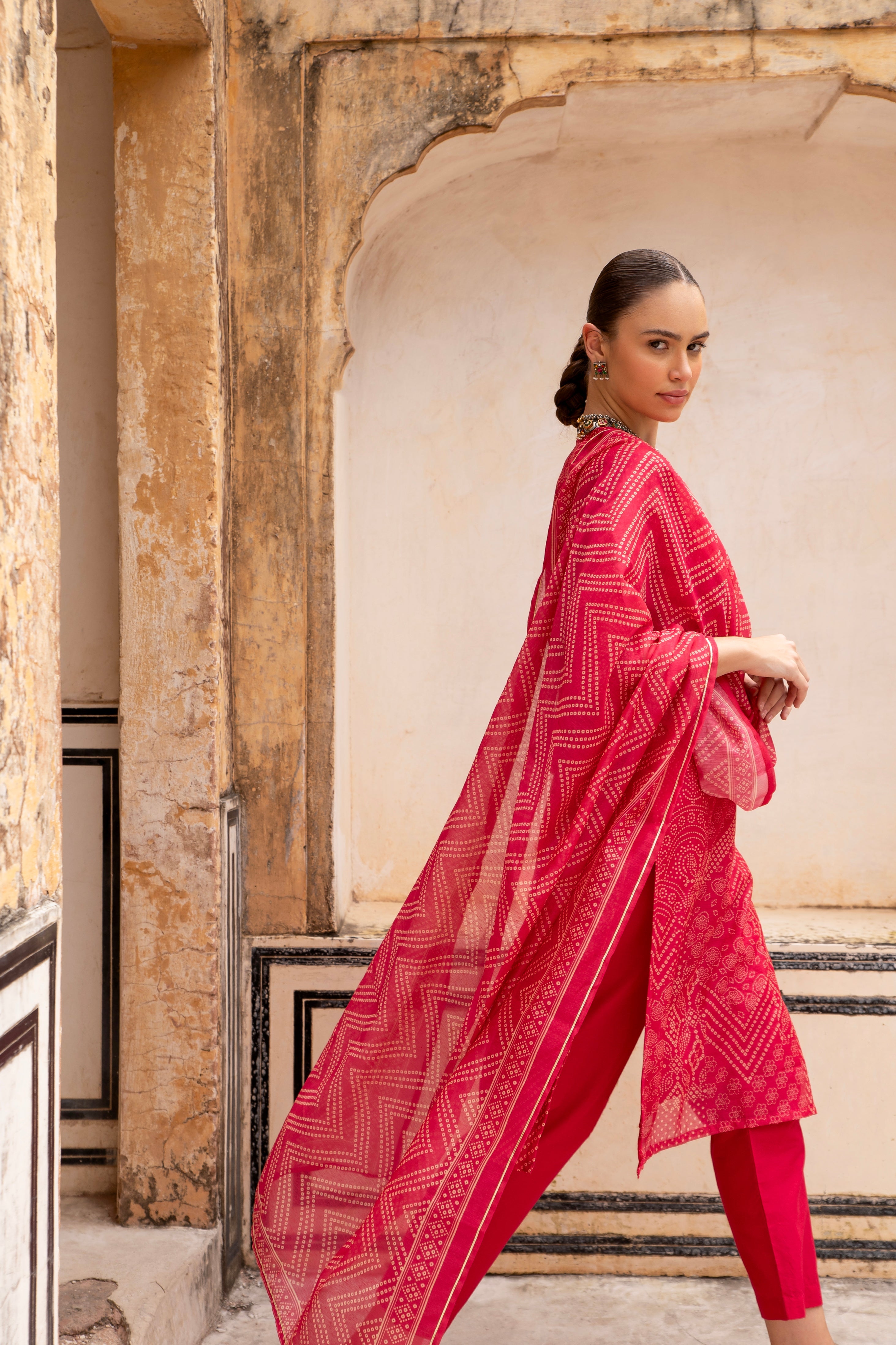 RED CHANDERI V-NECK EMBROIDERED  KURTA SET