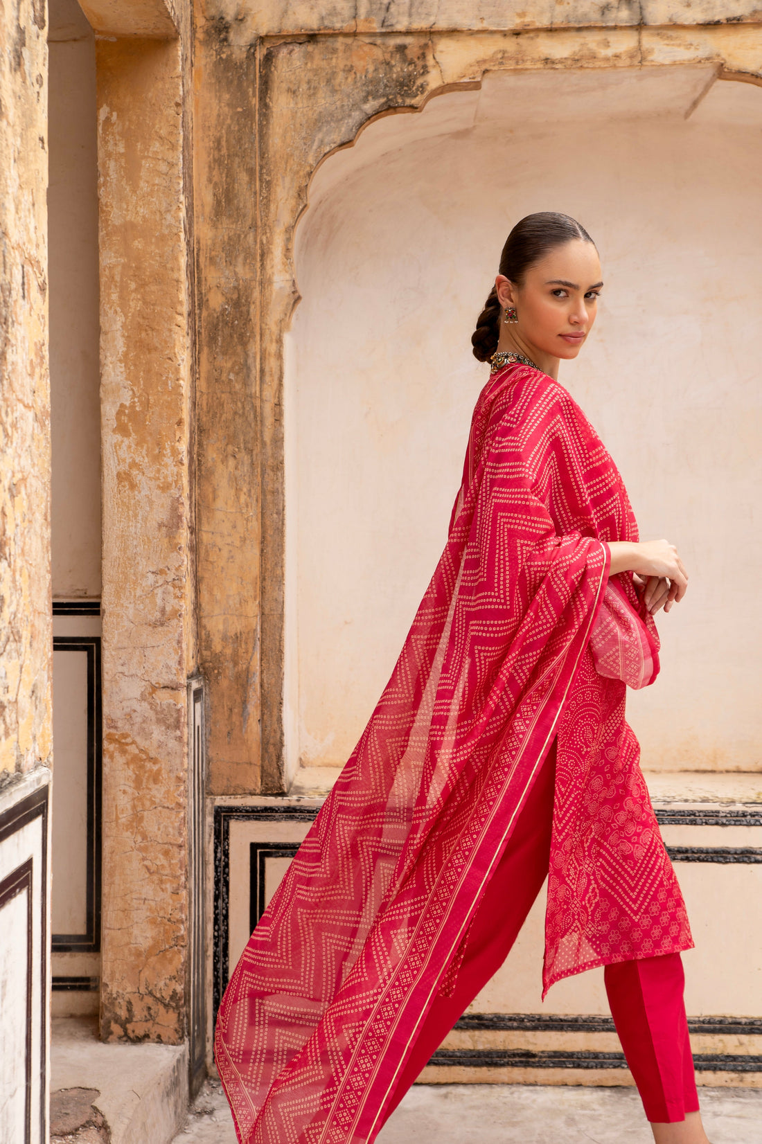 RED CHANDERI V-NECK EMBROIDERED  KURTA SET