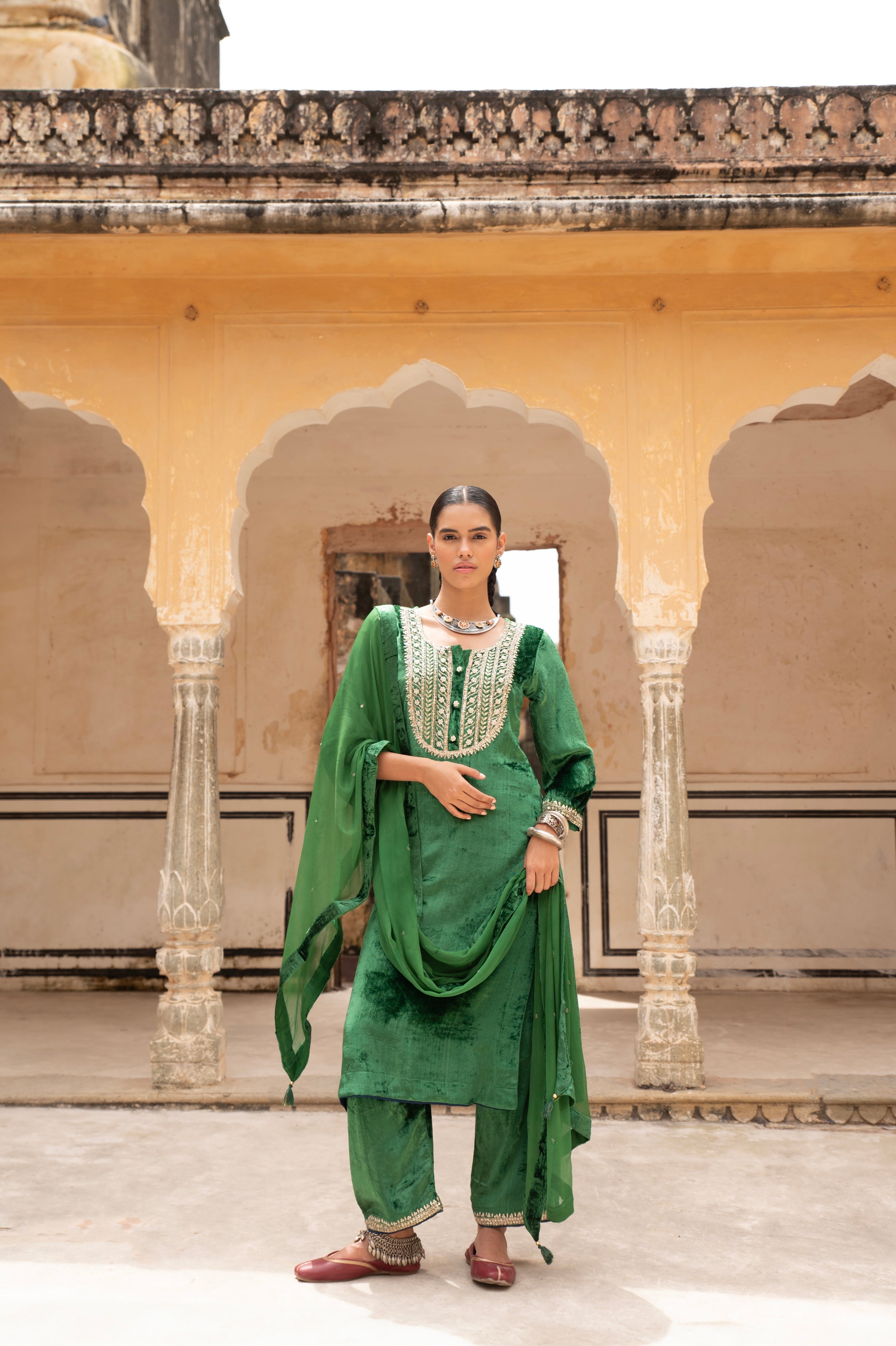 GREEN NECK EMBROIDERED PURE VELVET KURTA SET