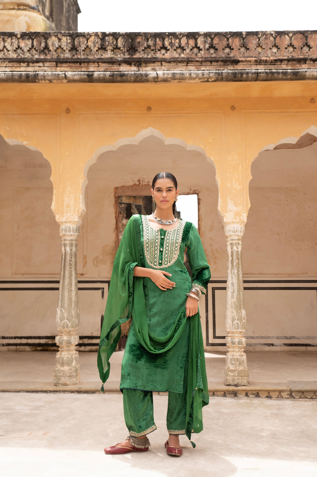 GREEN NECK EMBROIDERED PURE VELVET KURTA SET