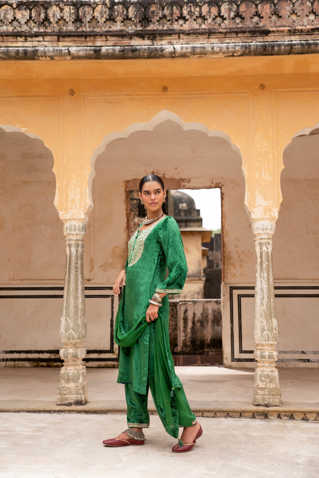 GREEN NECK EMBROIDERED PURE VELVET KURTA SET