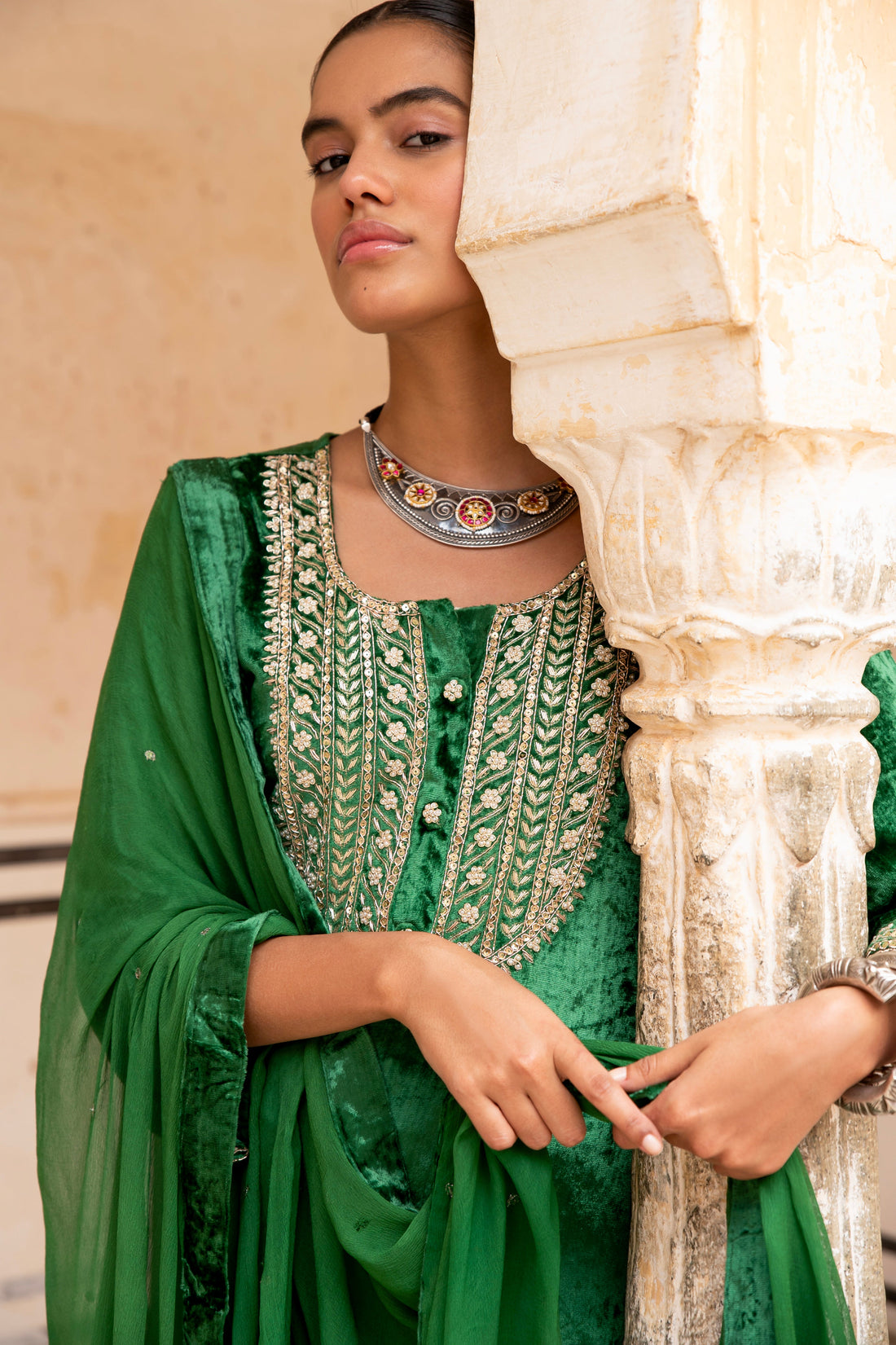 GREEN NECK EMBROIDERED PURE VELVET KURTA SET
