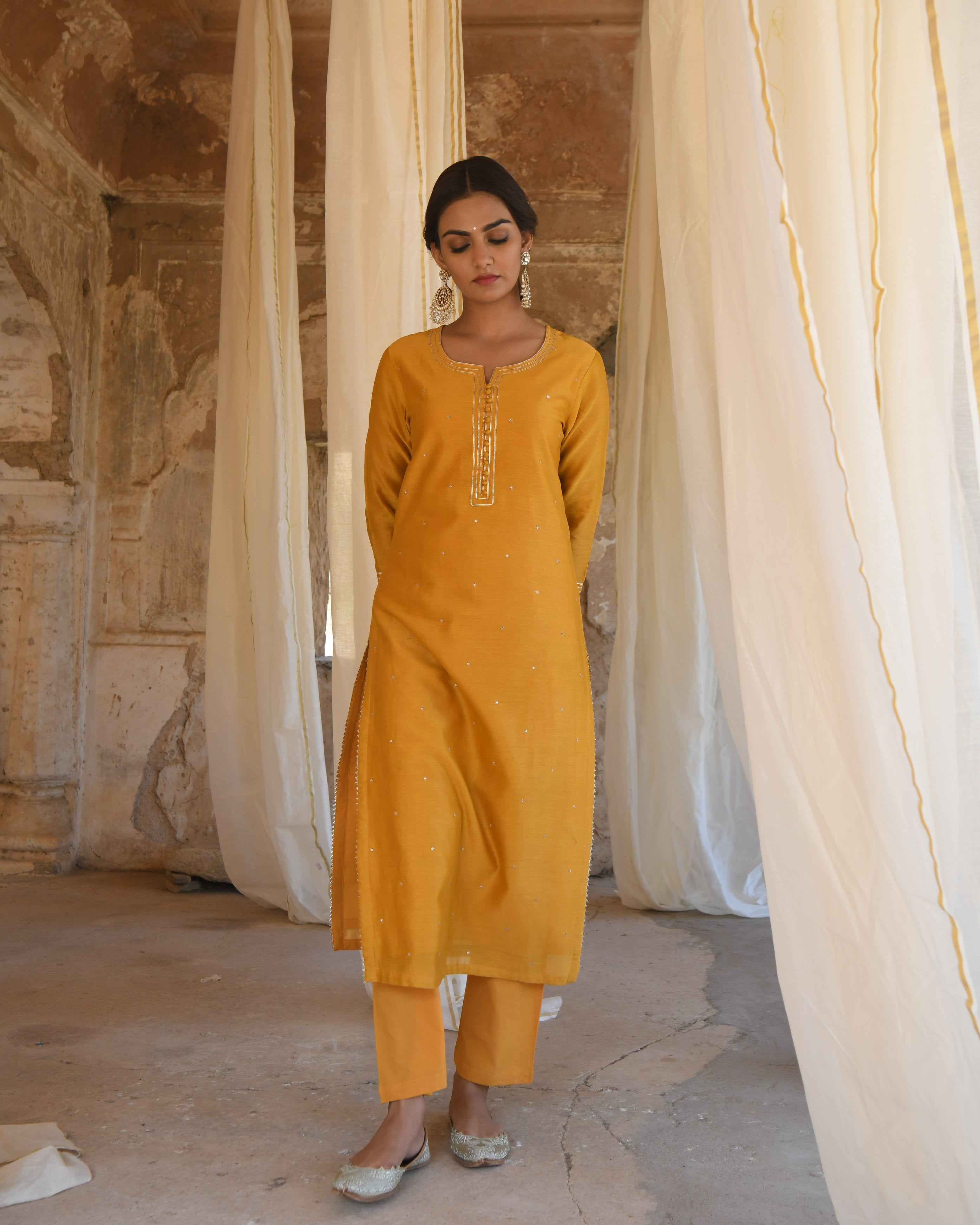 MUSTARD PURE BAMBOO CHANDERI KURTA SET