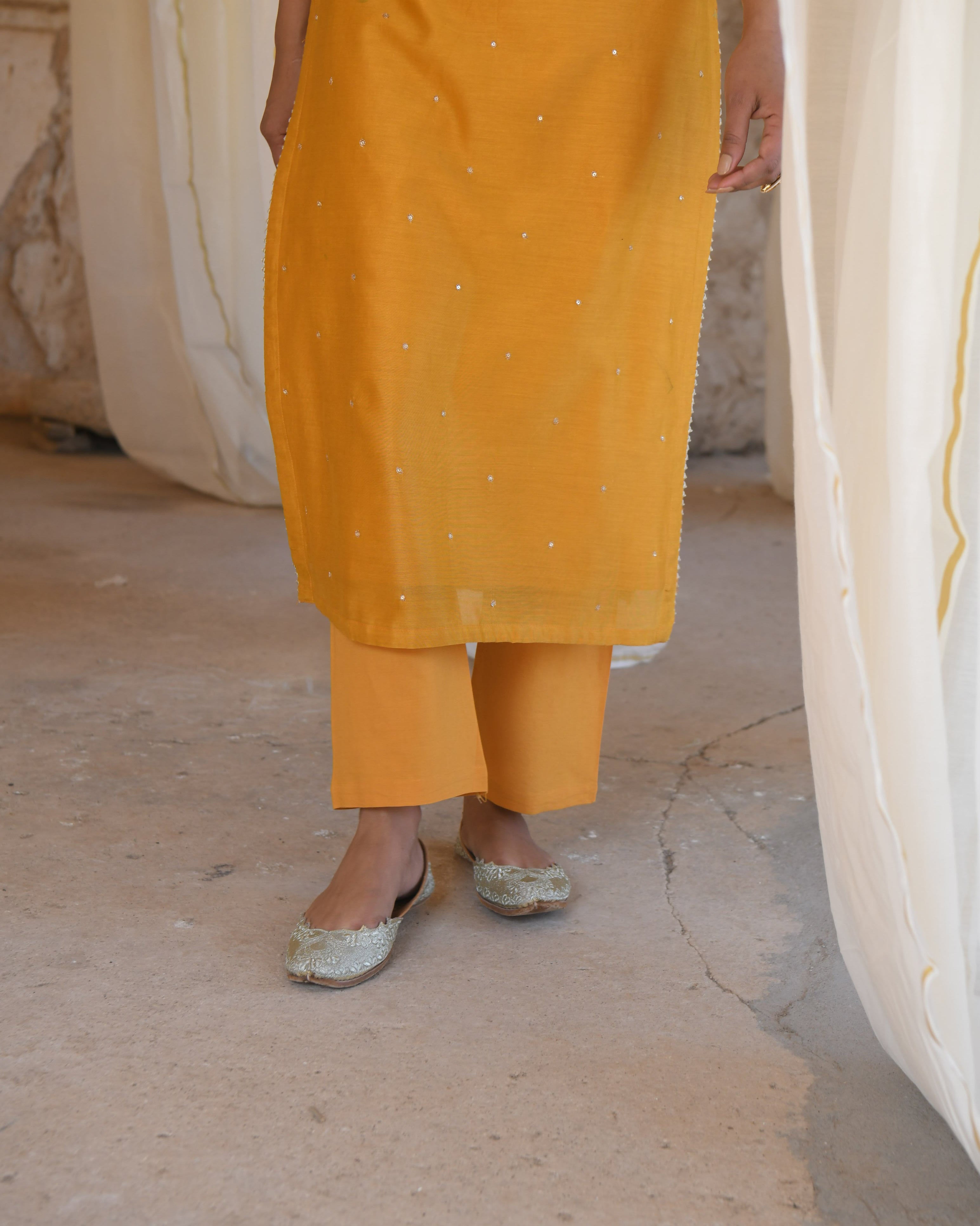 MUSTARD PURE BAMBOO CHANDERI KURTA SET